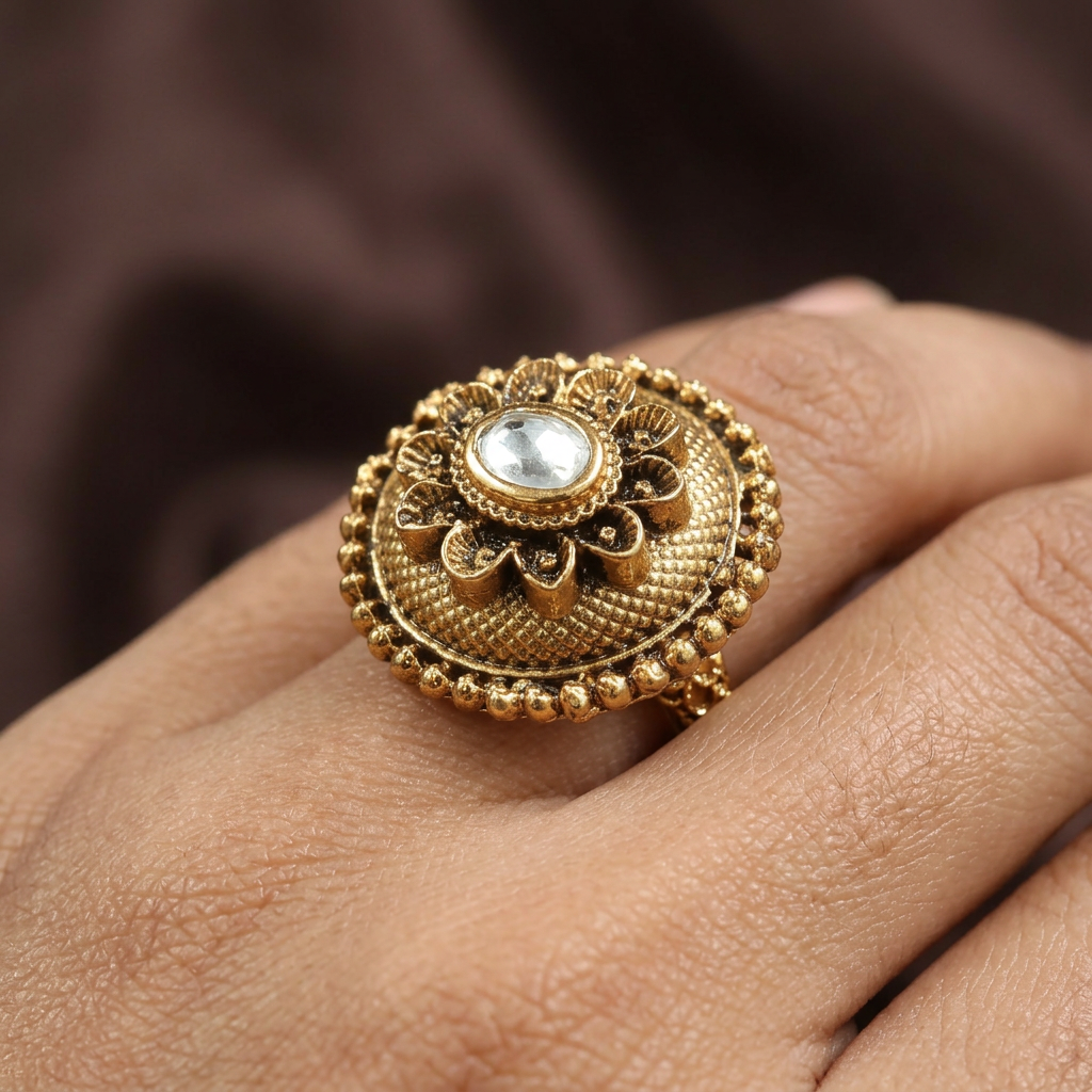 Signature Beaded Border Antique Finger Ring With Decorative Rosette Pattern