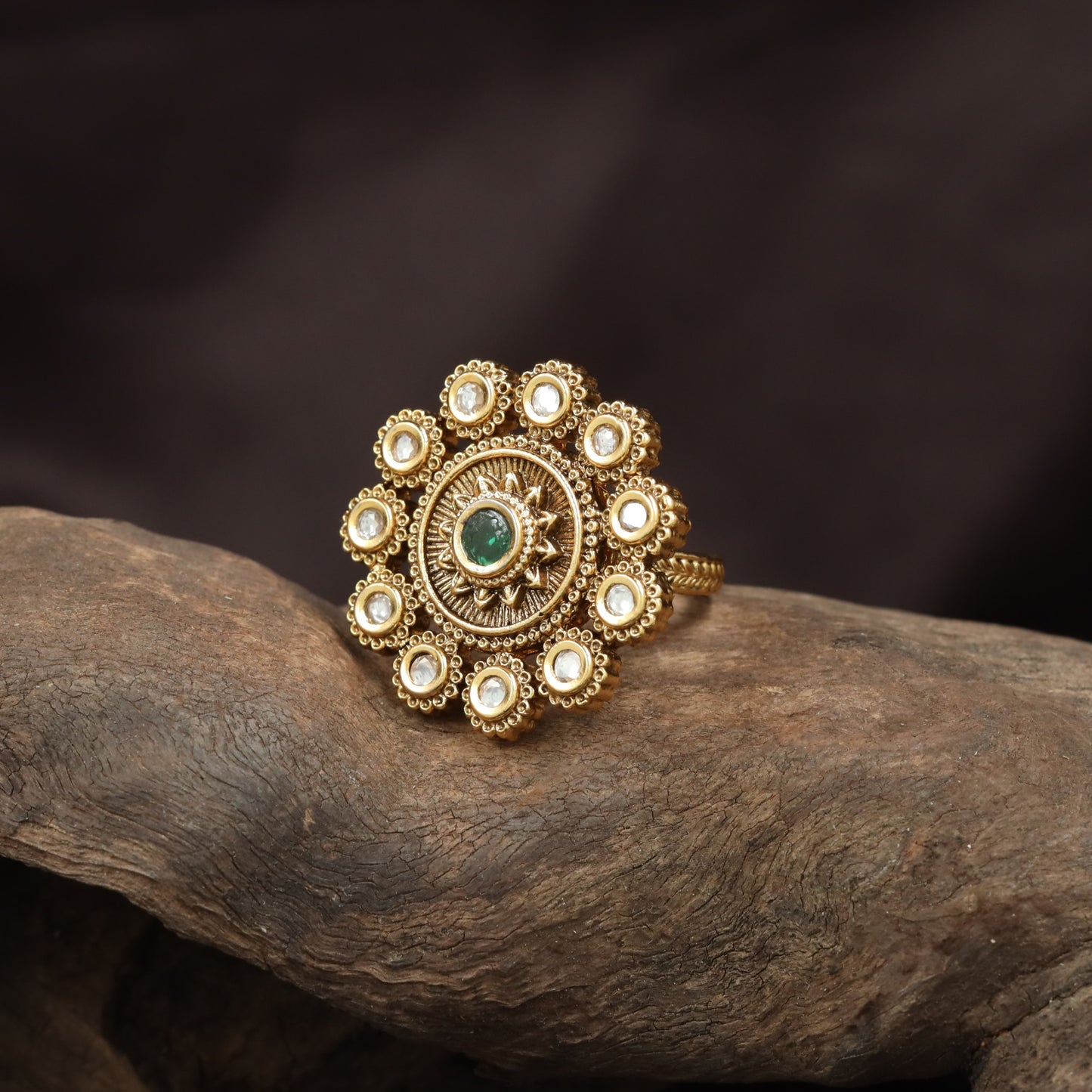 Opulent Petal Border Antique Finger Ring With Circular Floral Centrepiece