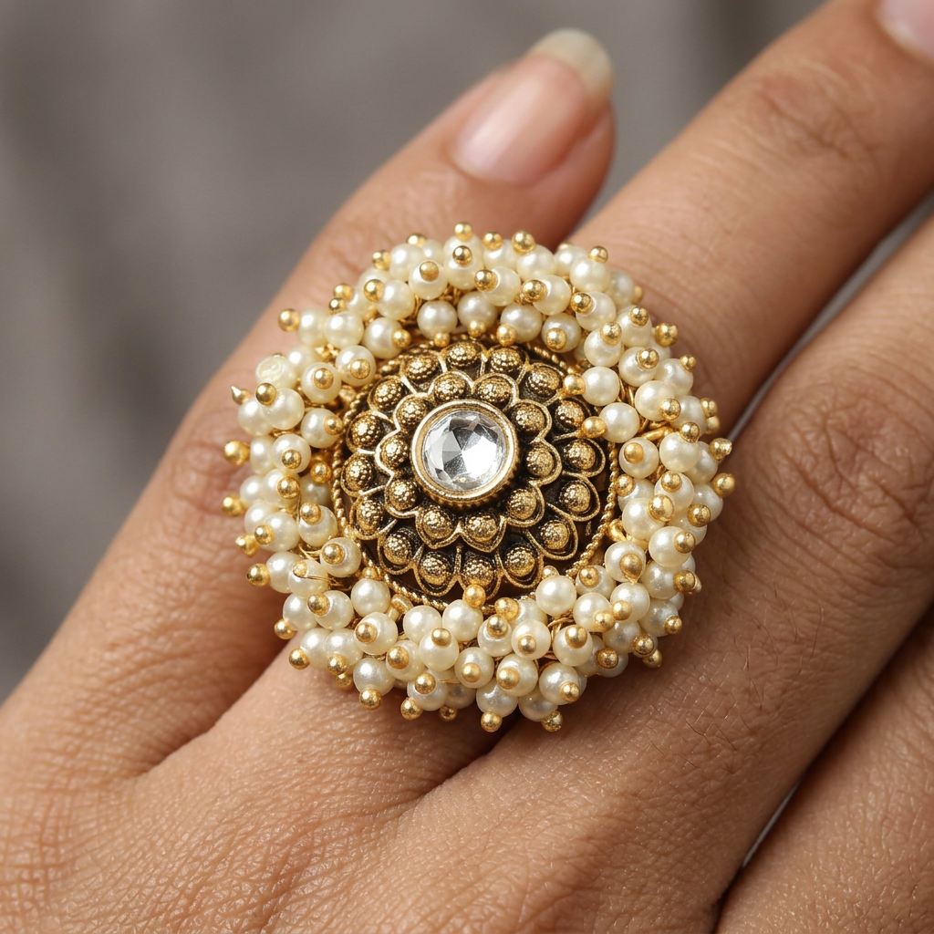 Heritage Beaded Rosette Antique Finger Ring With Oval Centre Detail