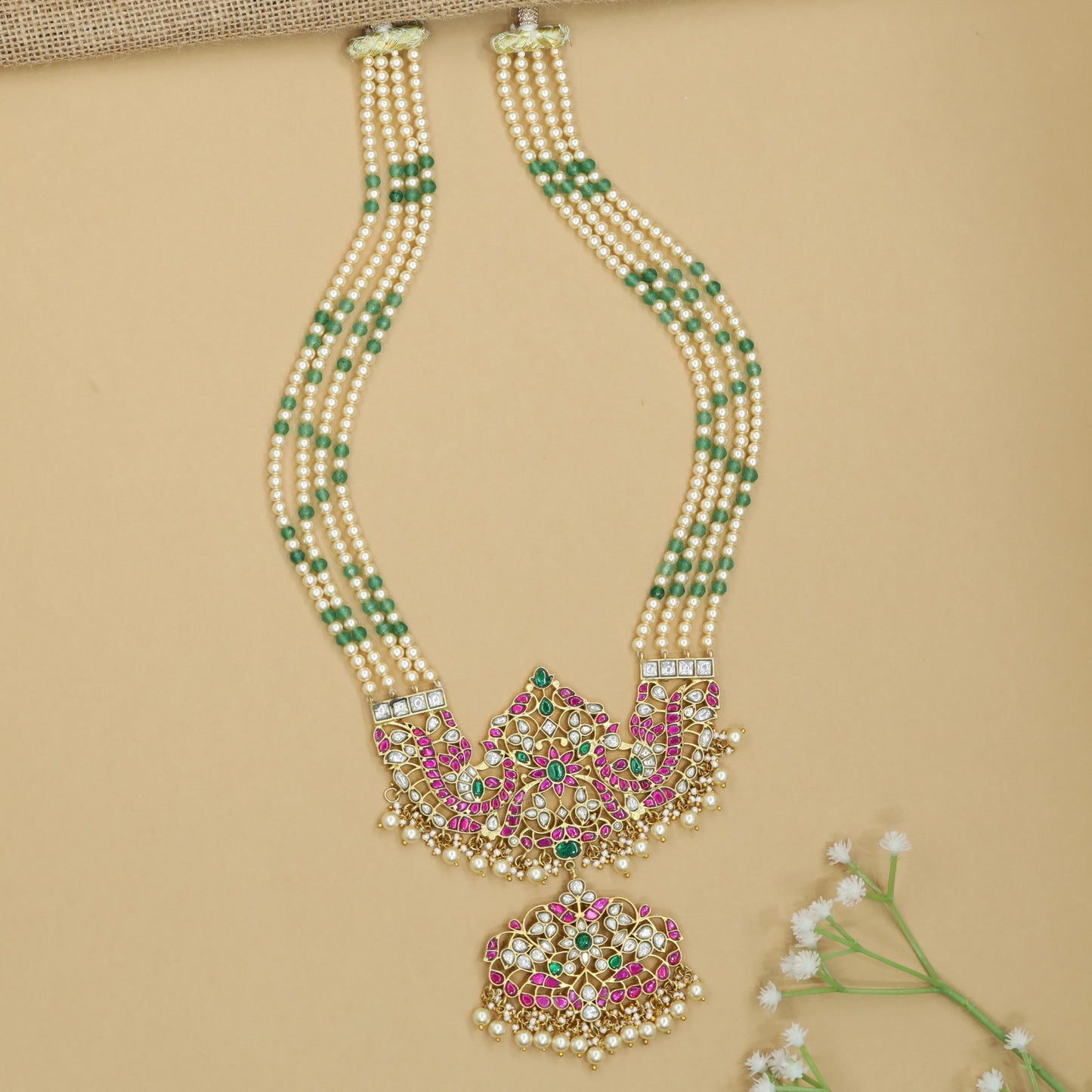 Temple Mesh Long Haara with Multi Strand Pearl Rows and Floral Connector Panel