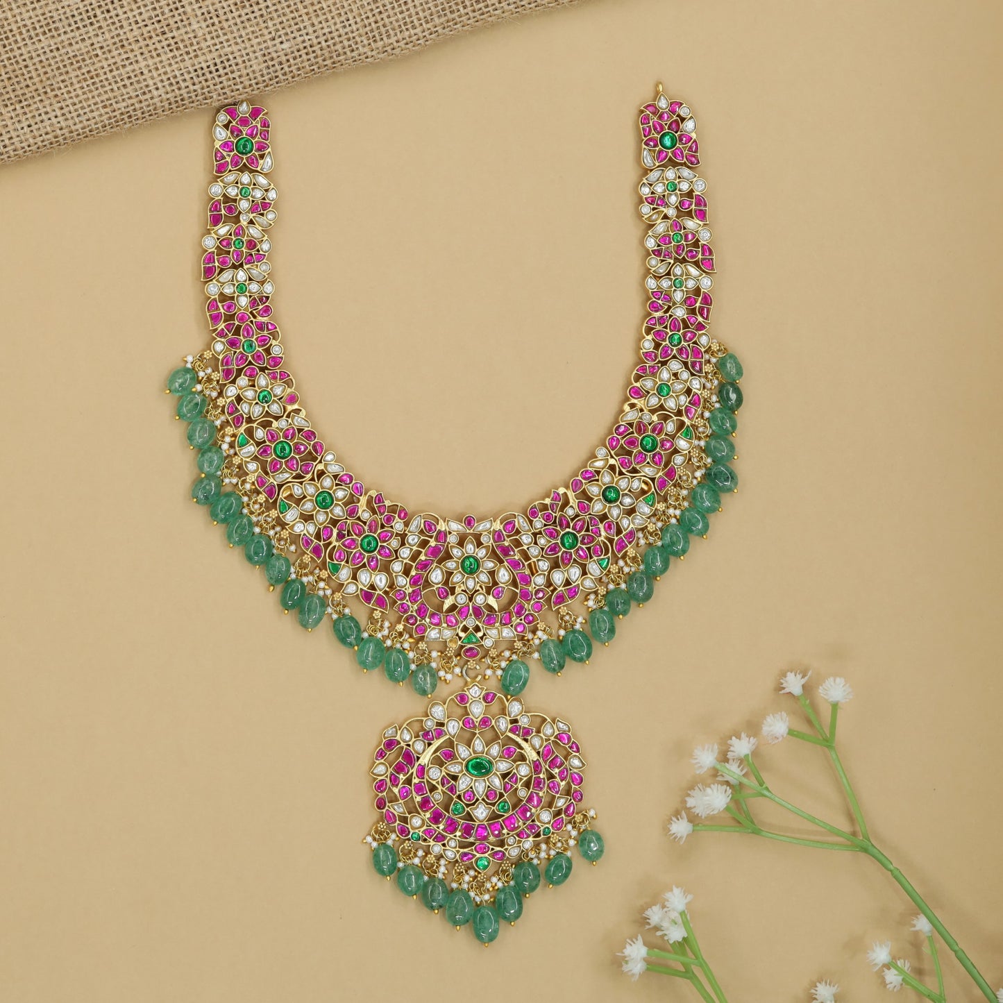 Grand Floral Necklace with Hanging Fringe and Center Pendant Design