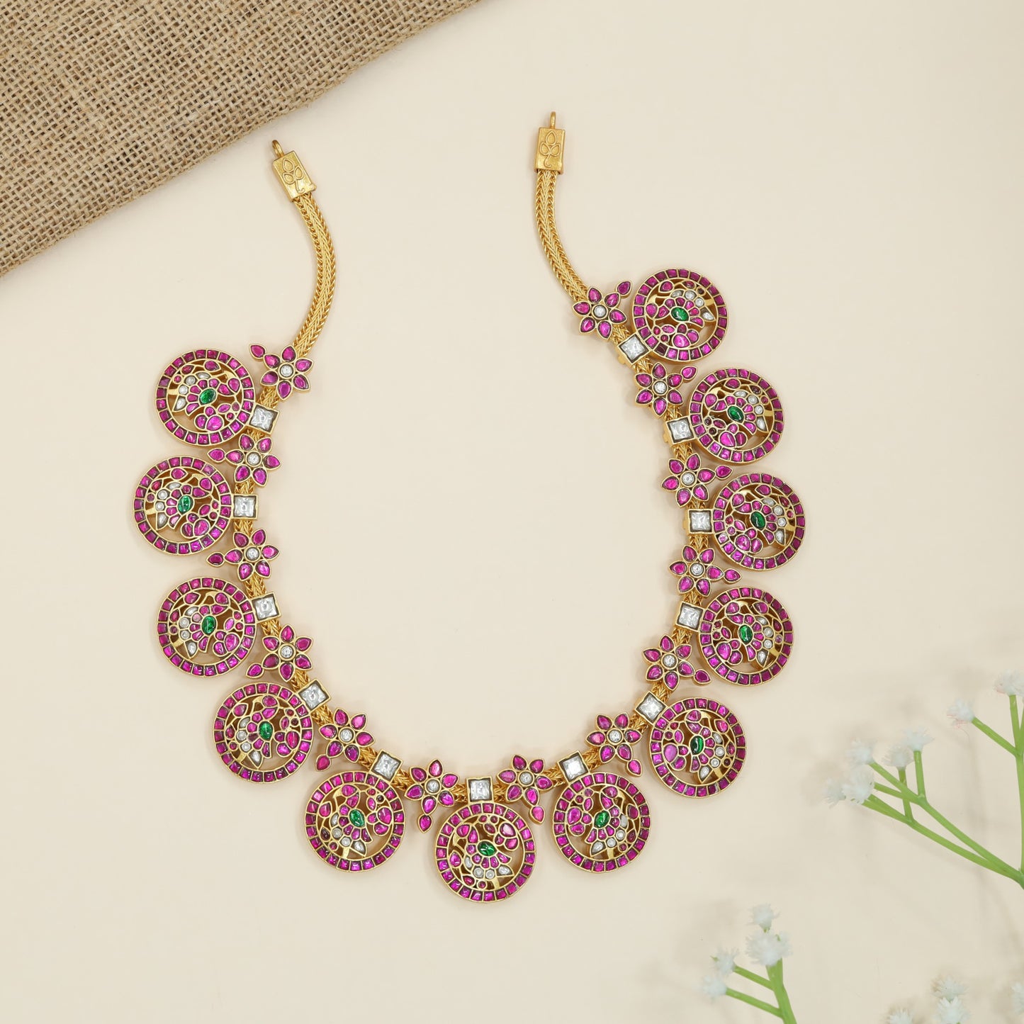 Jadau Necklace with Circular Disc Panels and Floral Connector Layout