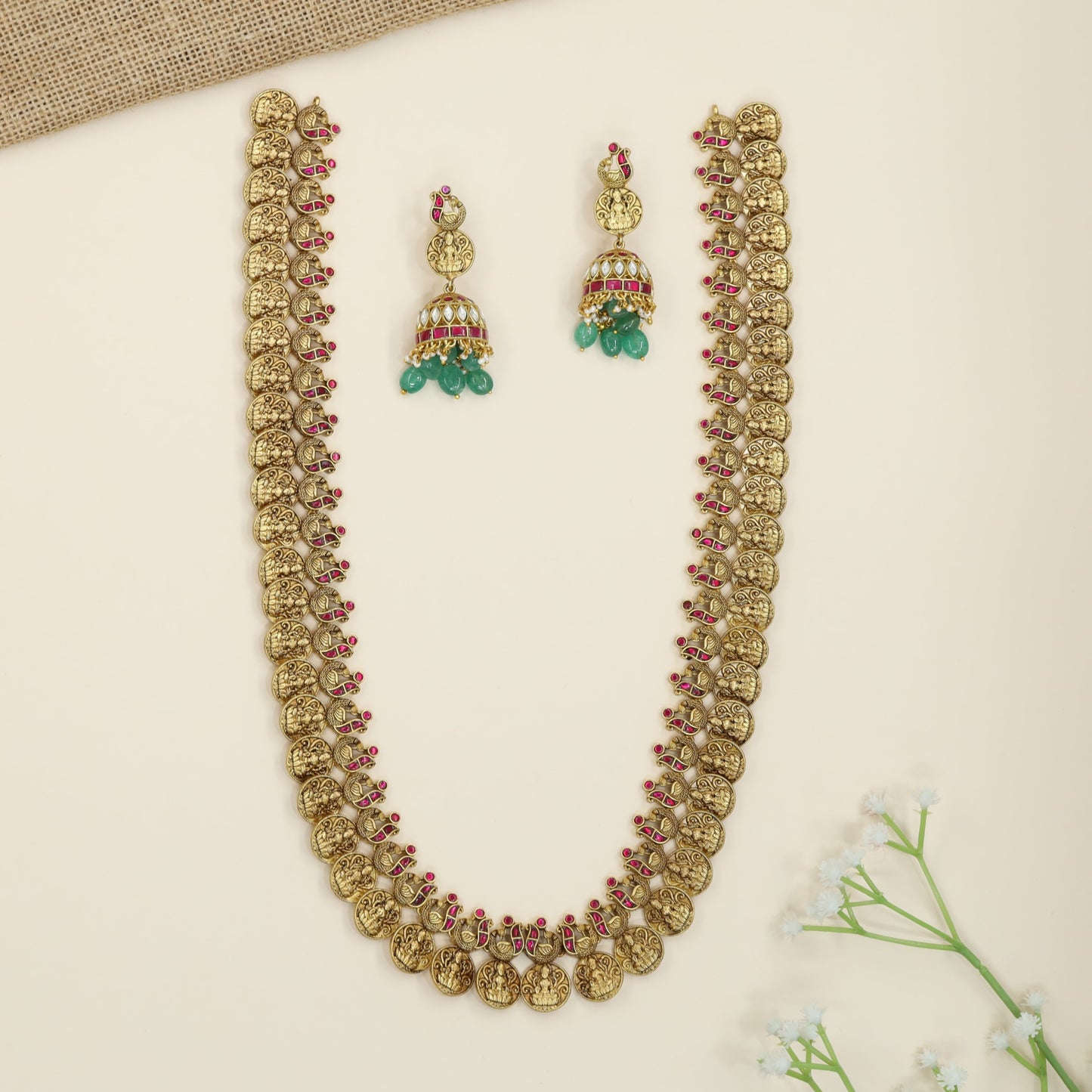 Grand Lakshmi Long Haara with Continuous Coin Arrangement and Drops