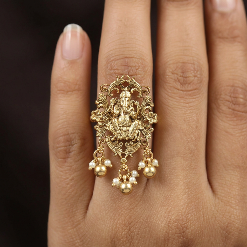 Designer Antique Finger Ring with Ganesha Crown Detailing
