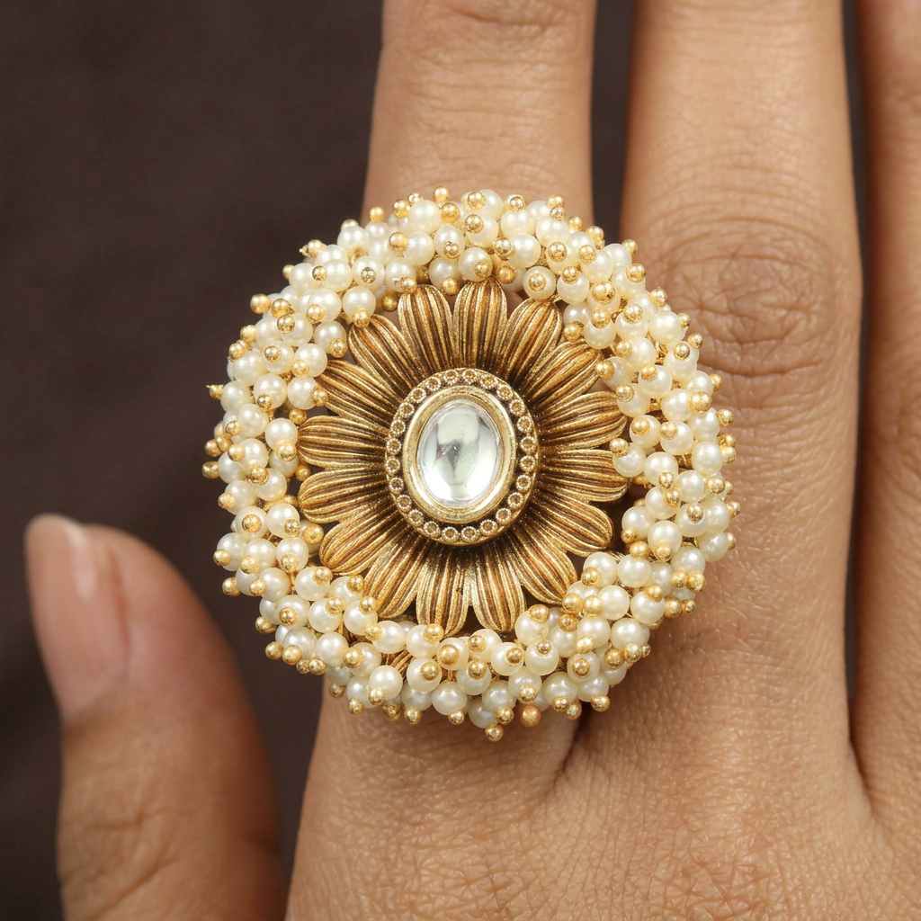 Festive Bloom Design Antique Finger Ring In Traditional Halo Structure