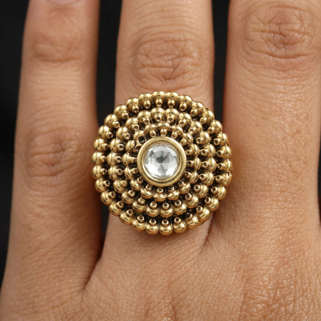 Regal Sunburst Antique Finger Ring With Layered Bead Border Design