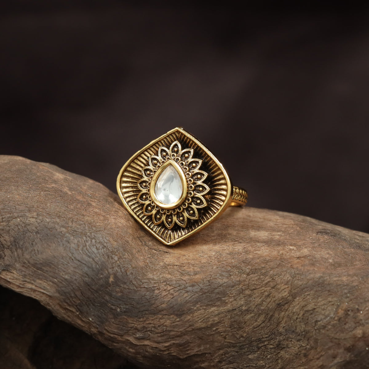 Designer Diamond Shape Antique Finger Ring With Floral Styling