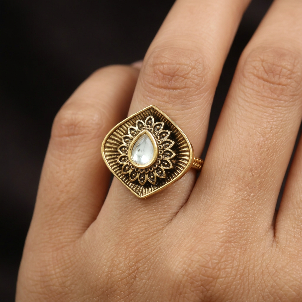 Designer Diamond Shape Antique Finger Ring With Floral Styling