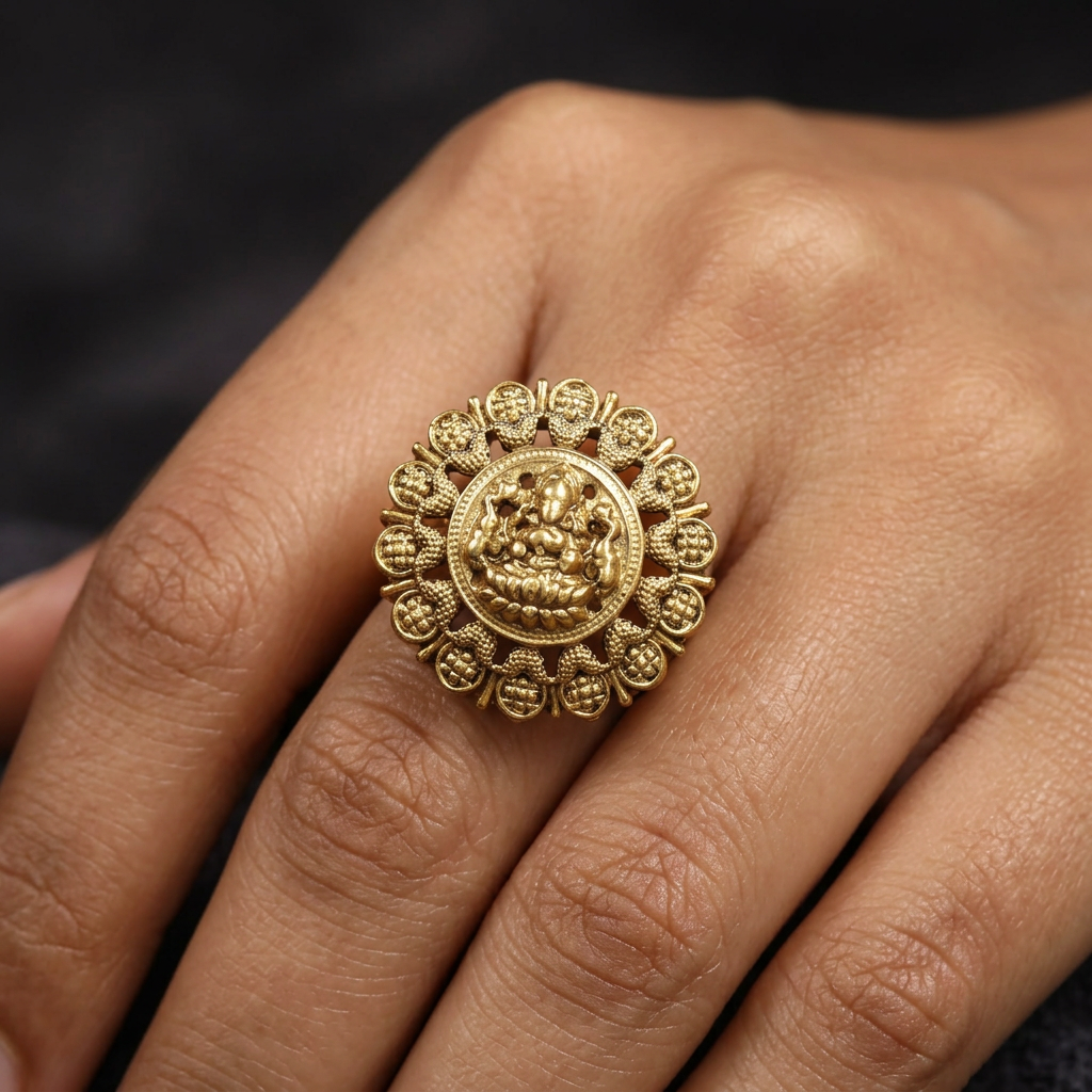 Designer Lakshmi Centre Antique Finger Ring With Floral Pattern