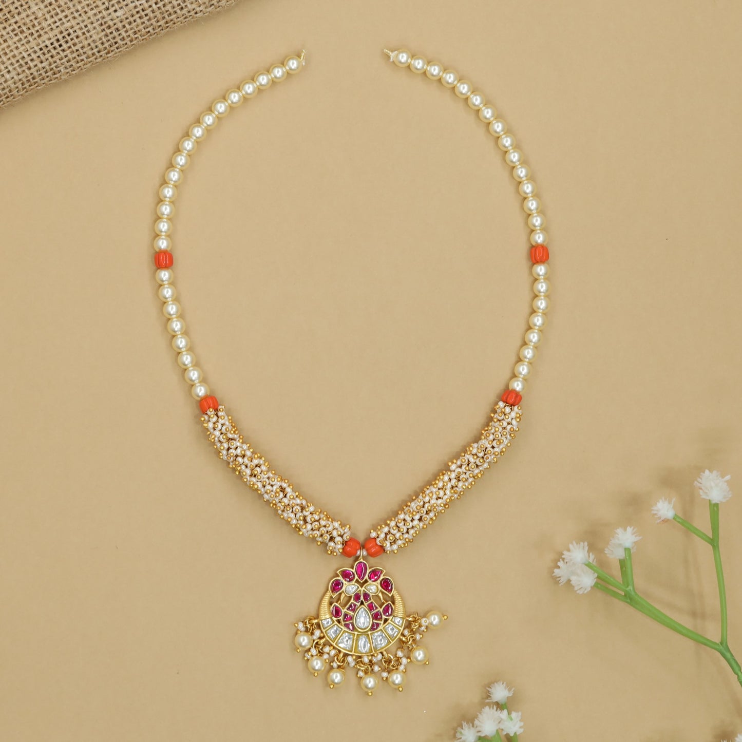Traditional Pearl Beads Chain with Floral Pendant Layout and Drops