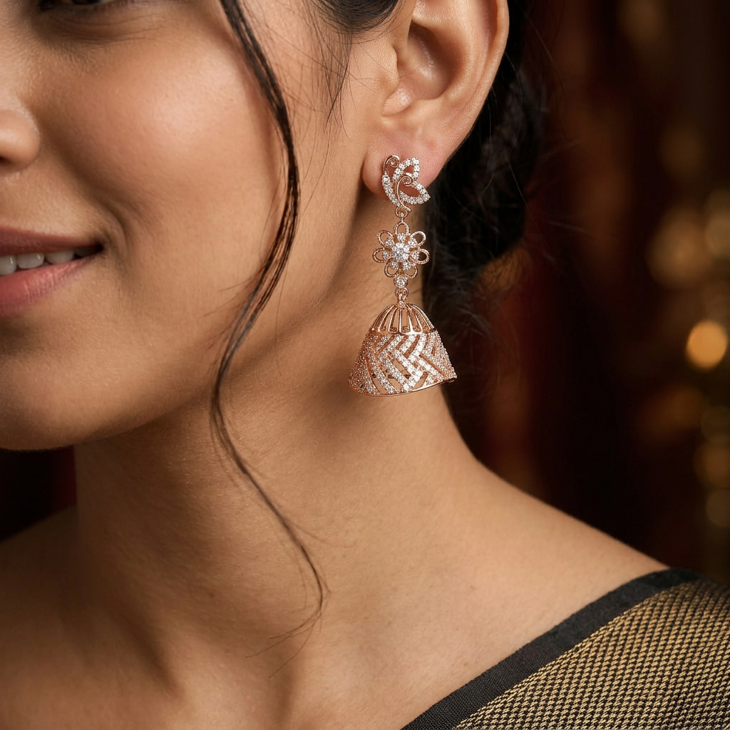 Jubilee butterfly Rose gold jumka with suspended floral links