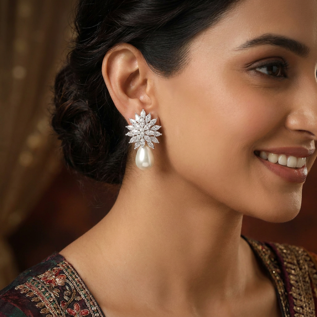 Glittering floral Stud with hanging pearl arrangement