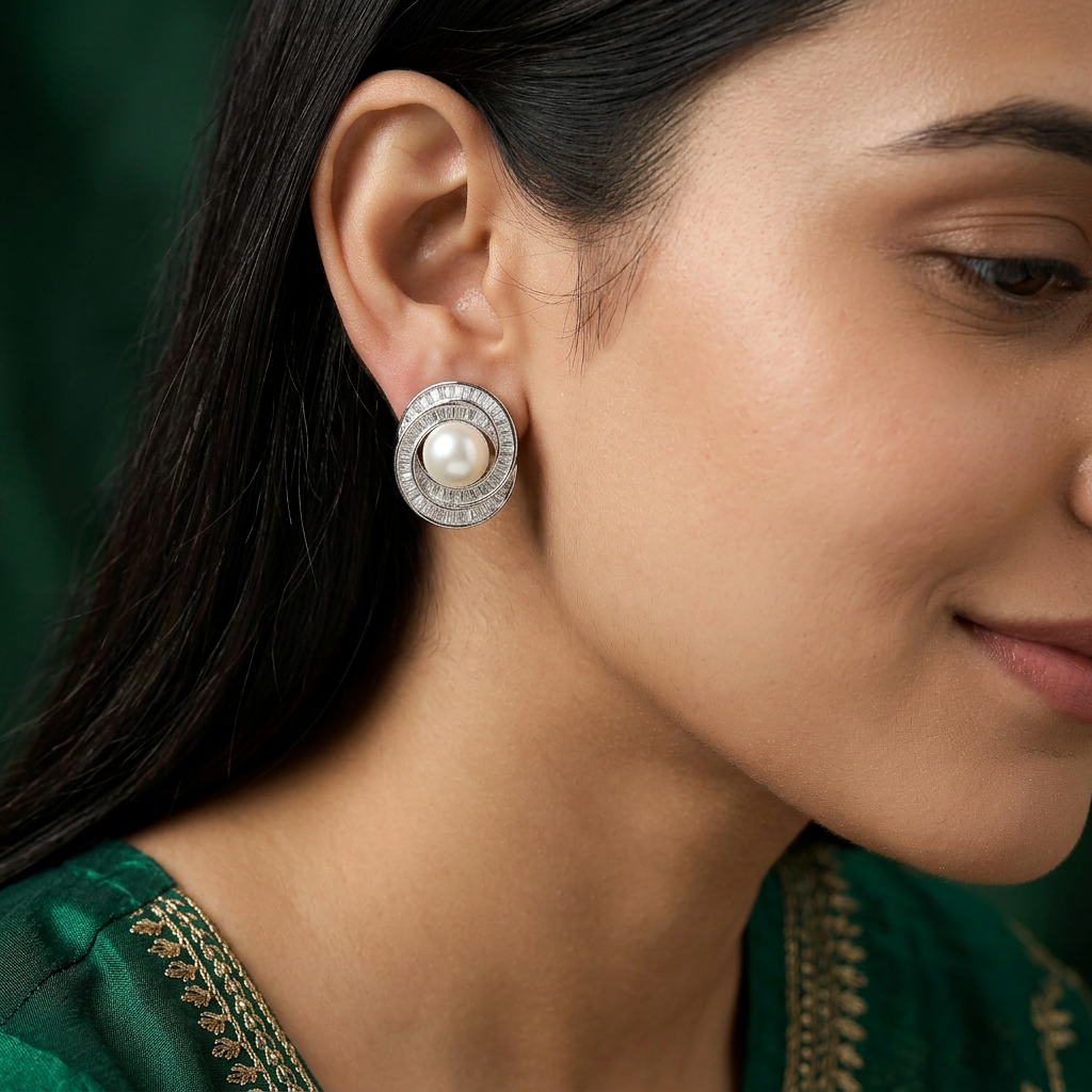 Royal Pearl Orbit Stud with Textured Ring Formation