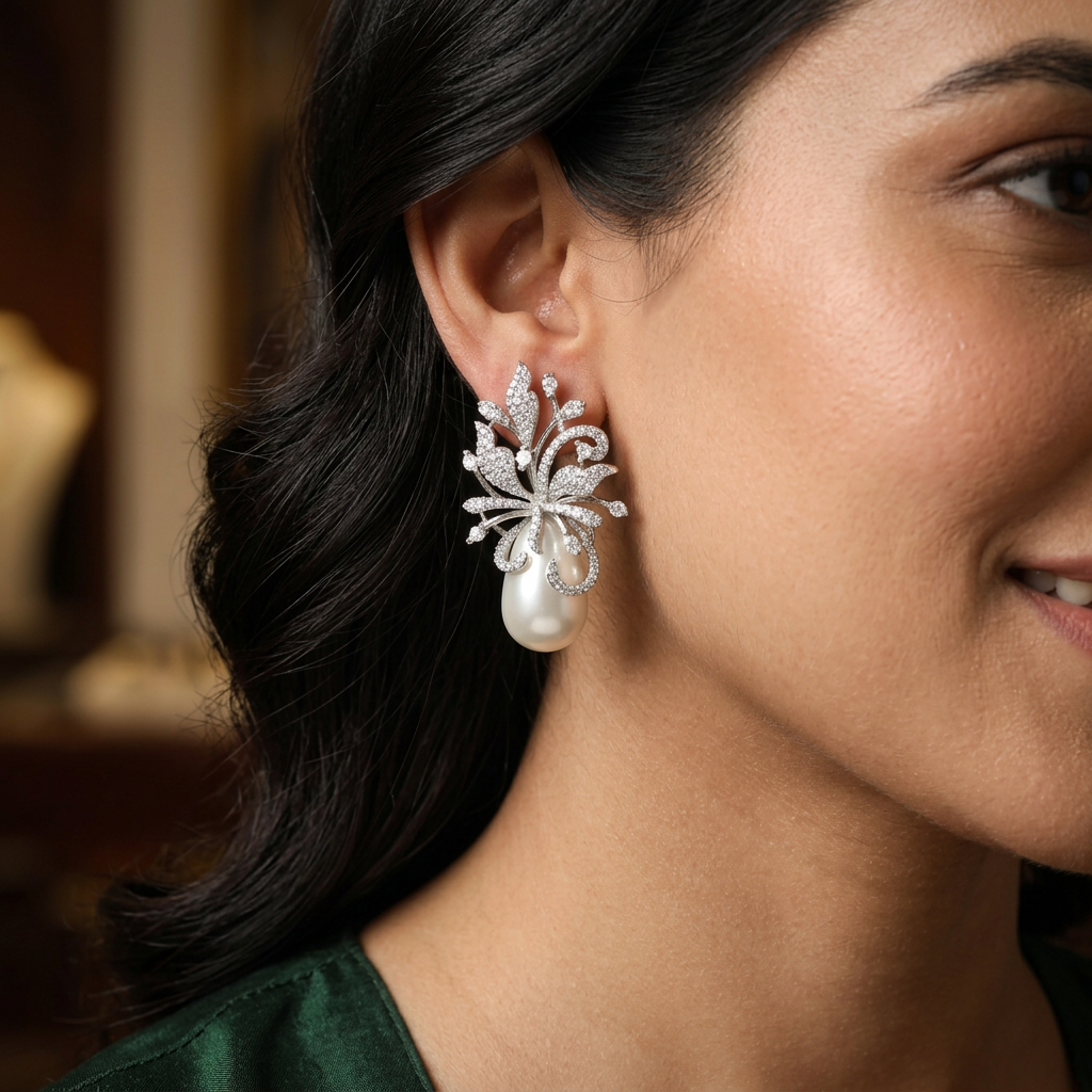 Prestige Pearl Halo Stud with Sculpted Vine Detailing