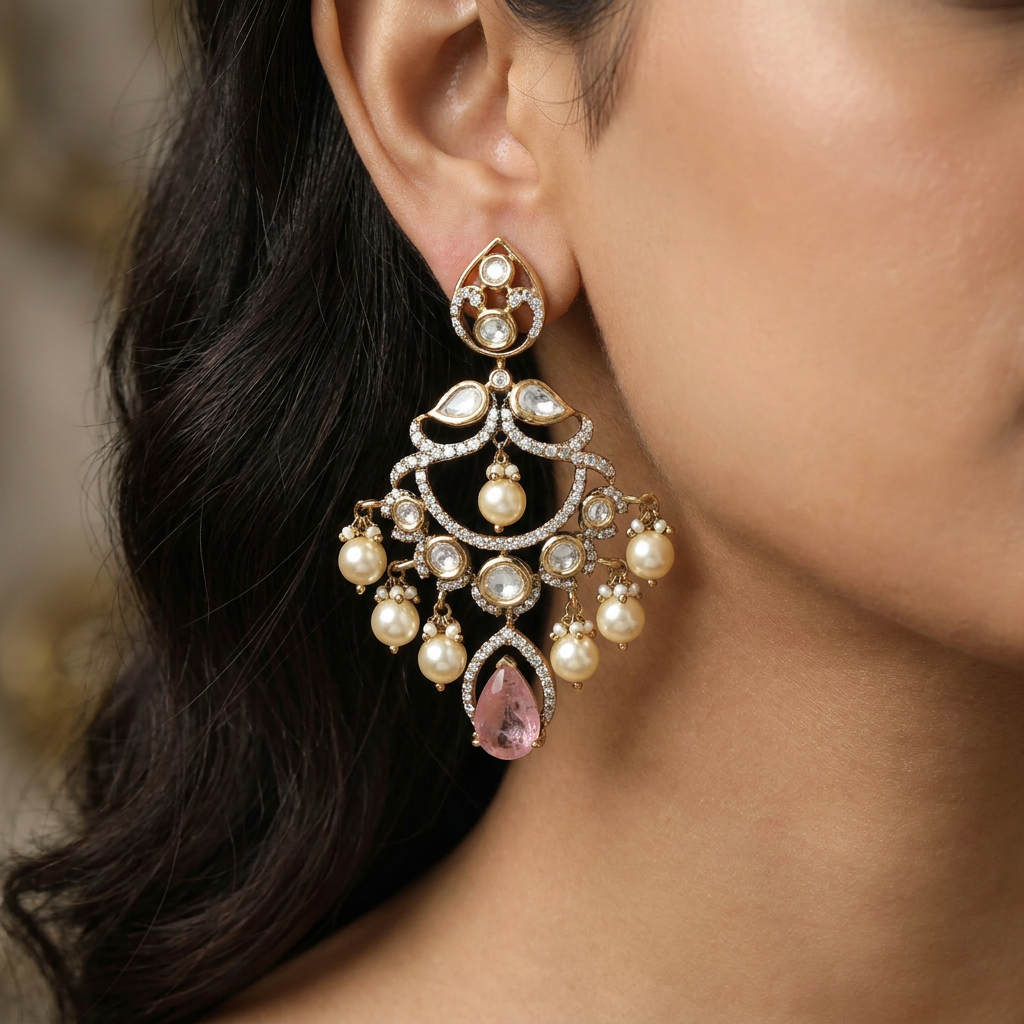 Draped Arch Kundan Hanging with Open Circular Frame and Pearl Clusters