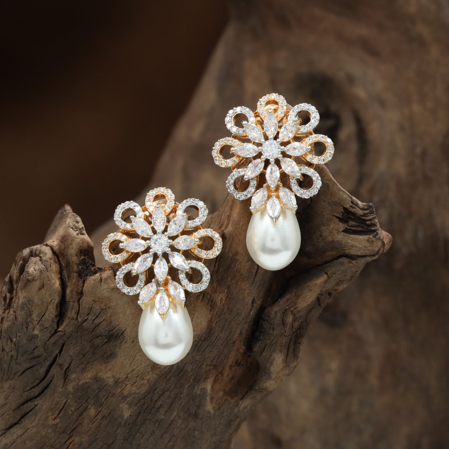 Encircled Flower Stud with Symmetrical Loop Pearl Bead