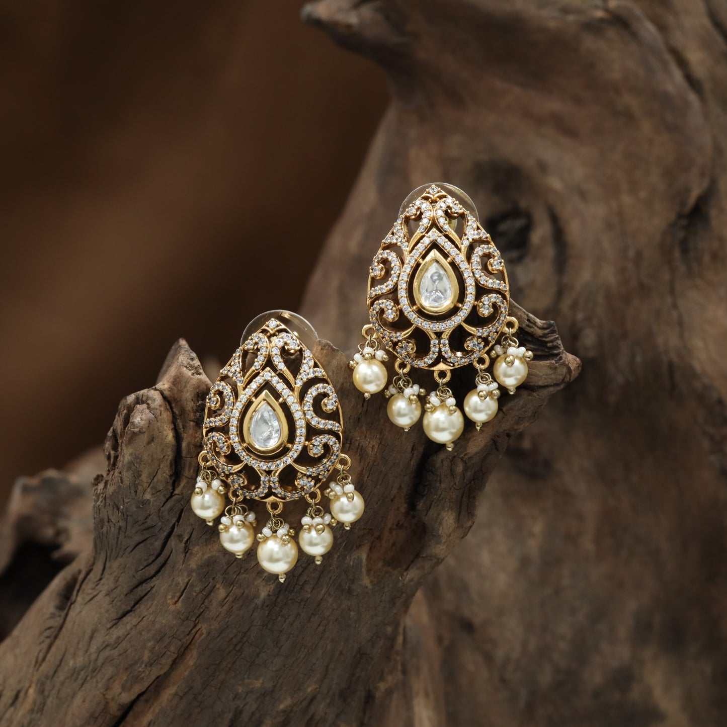 Teardrop Kundan Stud with Open Cutwork Border and Pearl Hangings