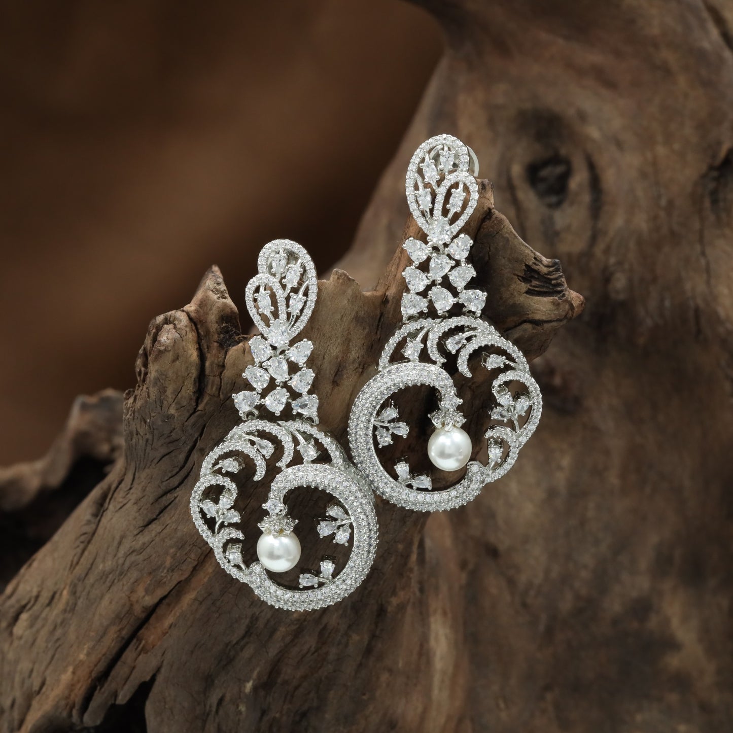 Floral Swirl Rhodium Hanging with Crescent Border Layout and Pearl Center Drop