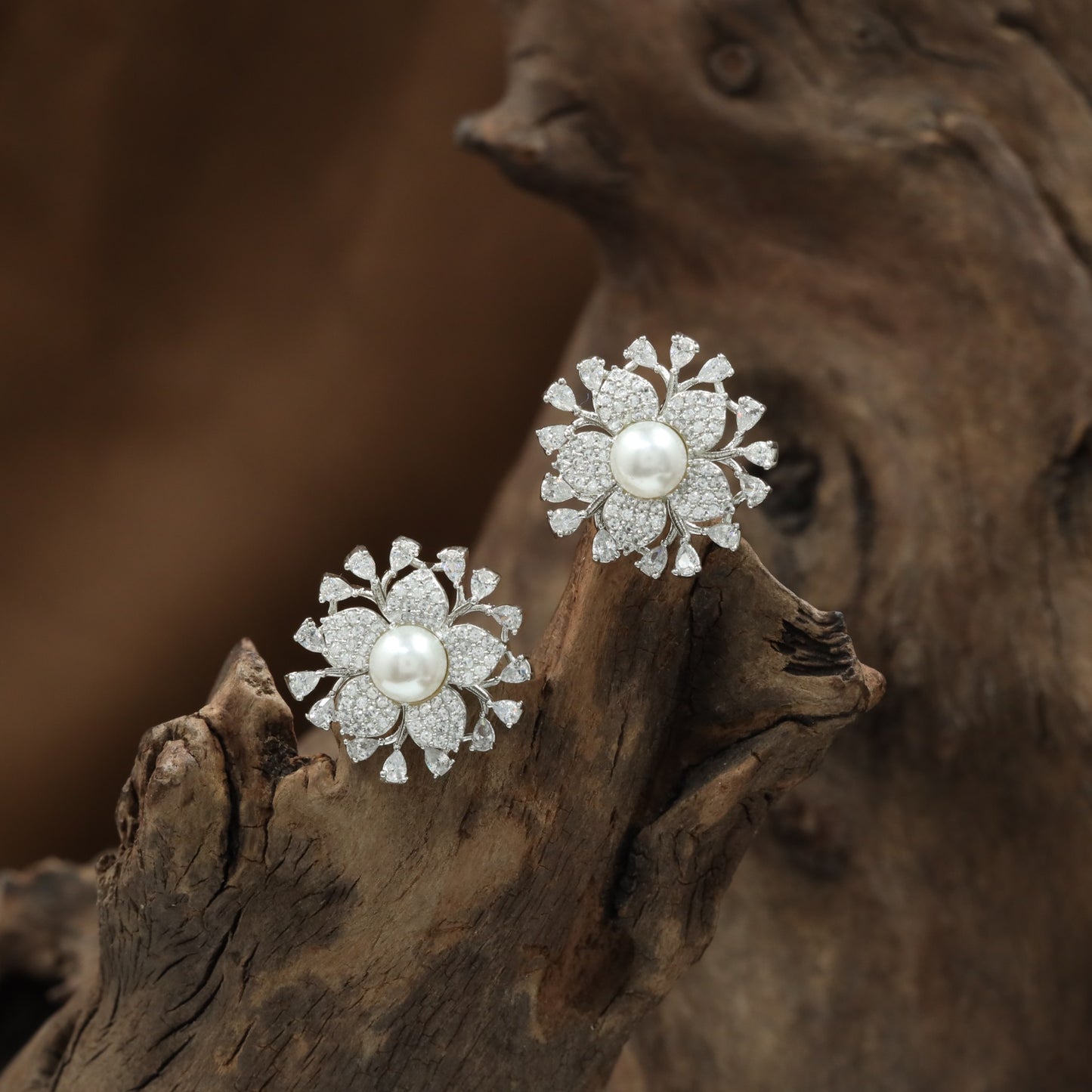 Petal Crown Rhodium Stud with Pearl Center Frame and Leaf Cluster Detailing
