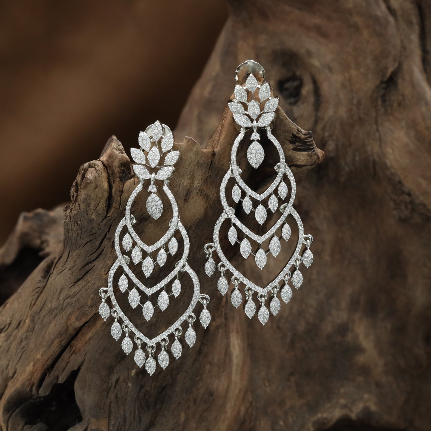 Petal Cascade Rhodium Hanging with Triple Frame Layout and Hanging Pear Drops