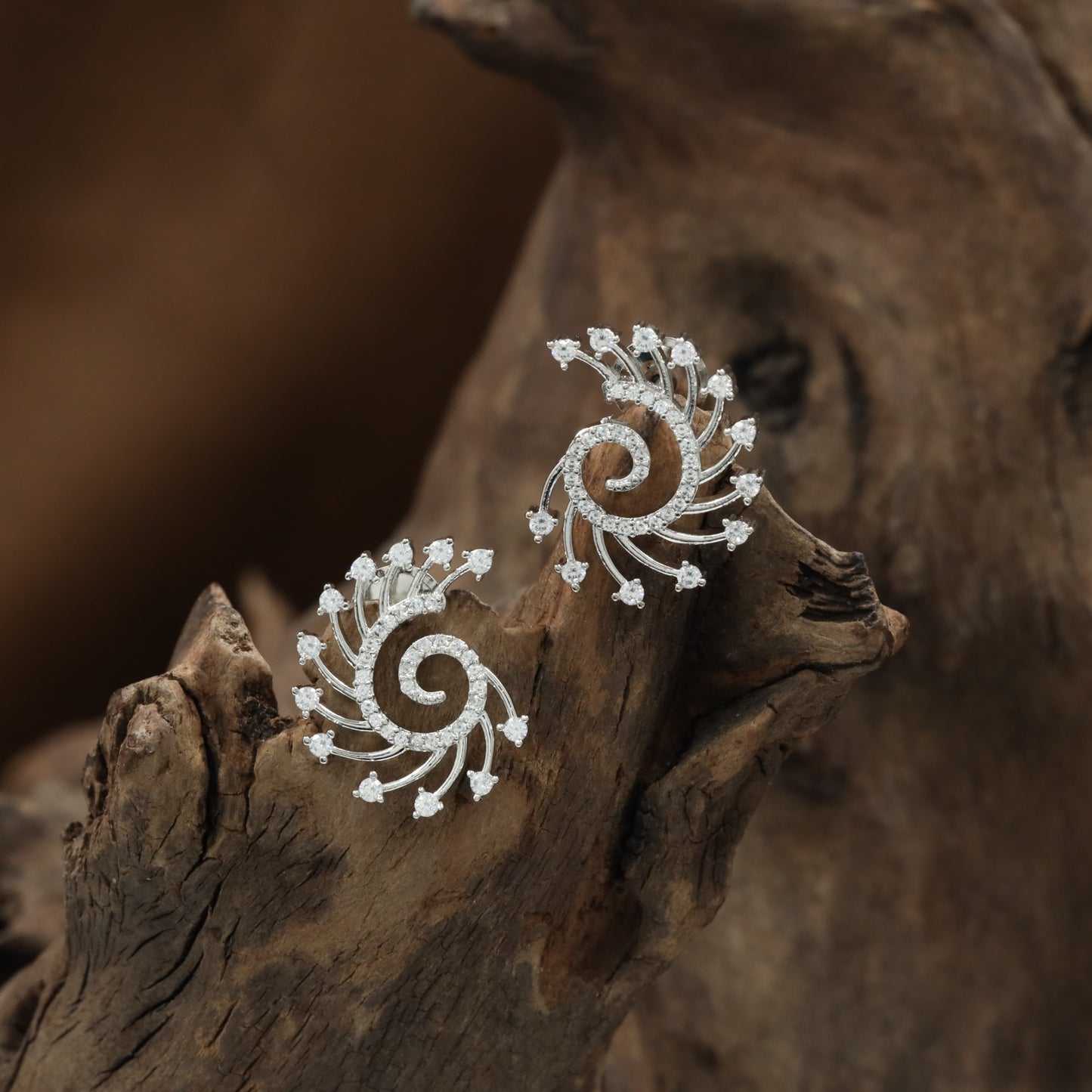 Marquise Spiral Rhodium Stud with Open Curve Design and Layered Styling