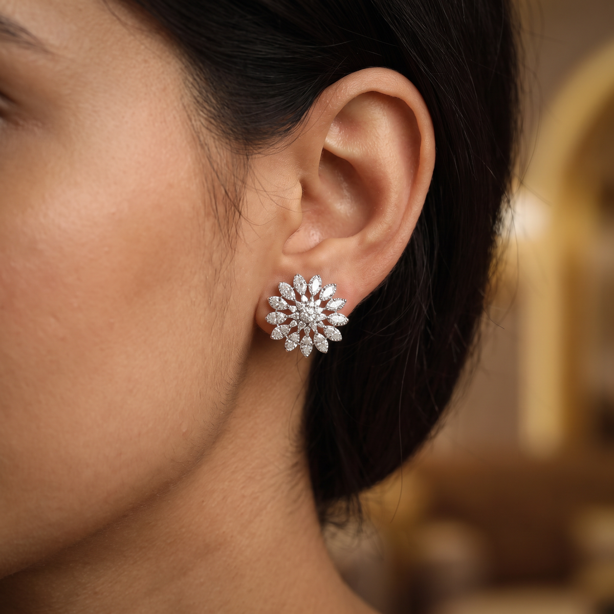 Daisy Bloom Rhodium Stud with Marquise Petal Borders and Raised Center Pattern