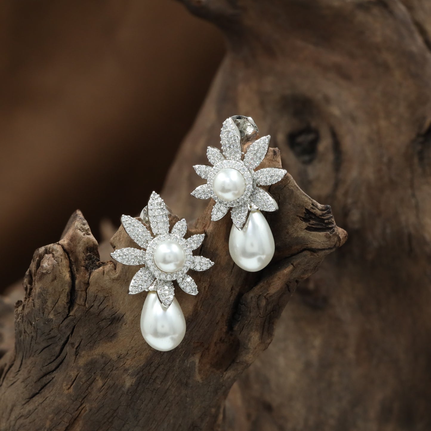 Daisy Pearl Rhodium Stud with Rounded Petal Arrangement and Hanging Drop