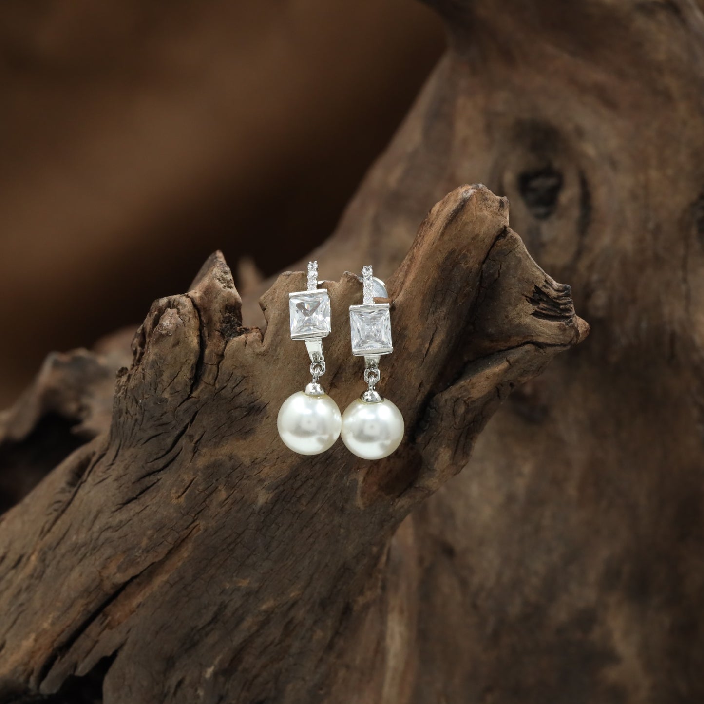 Square Pearl Rhodium Stud with Raised Crystal Layout and Hanging Pearl Drop