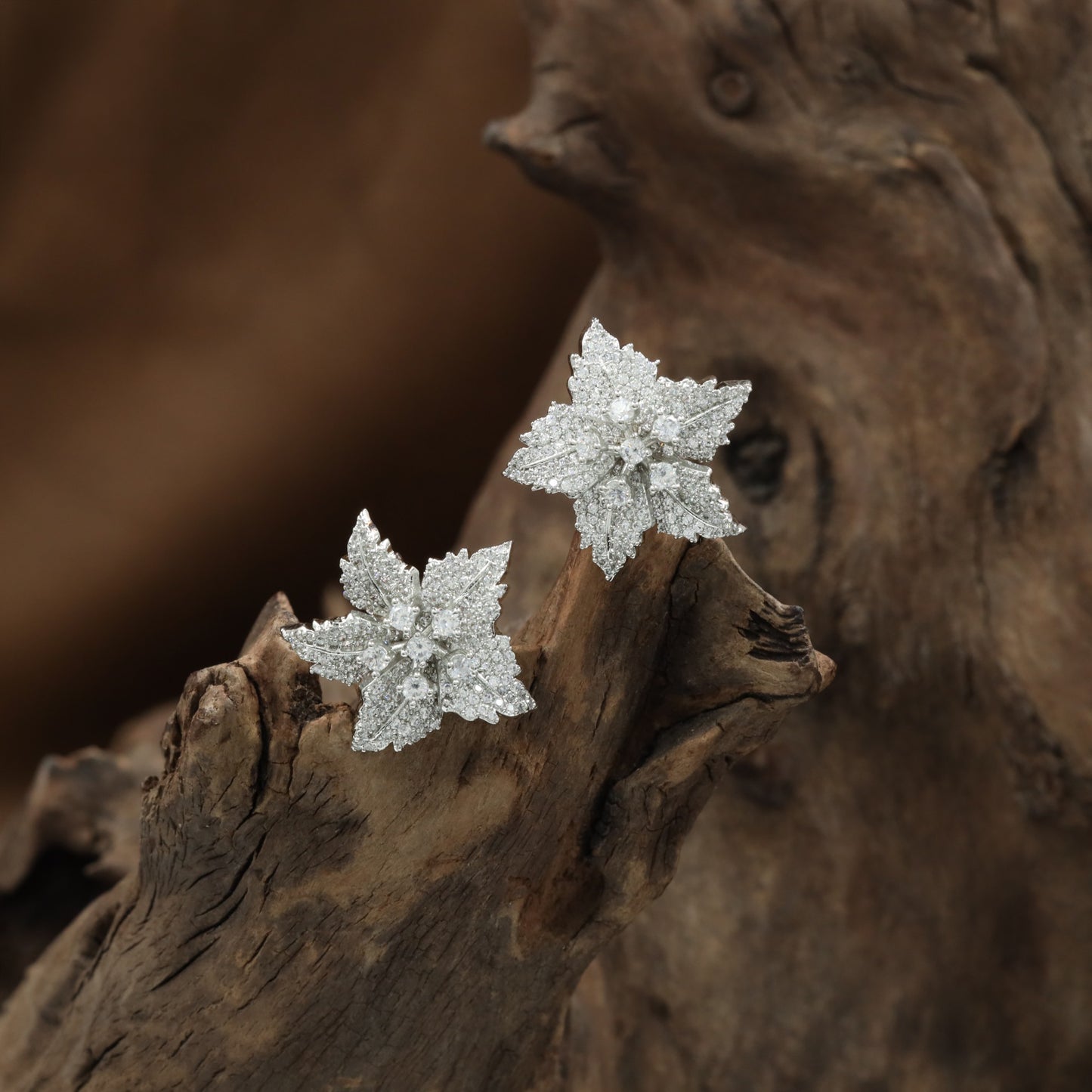 Botanical Rhodium Stud with Sculpted Five-Point Leaf Forms