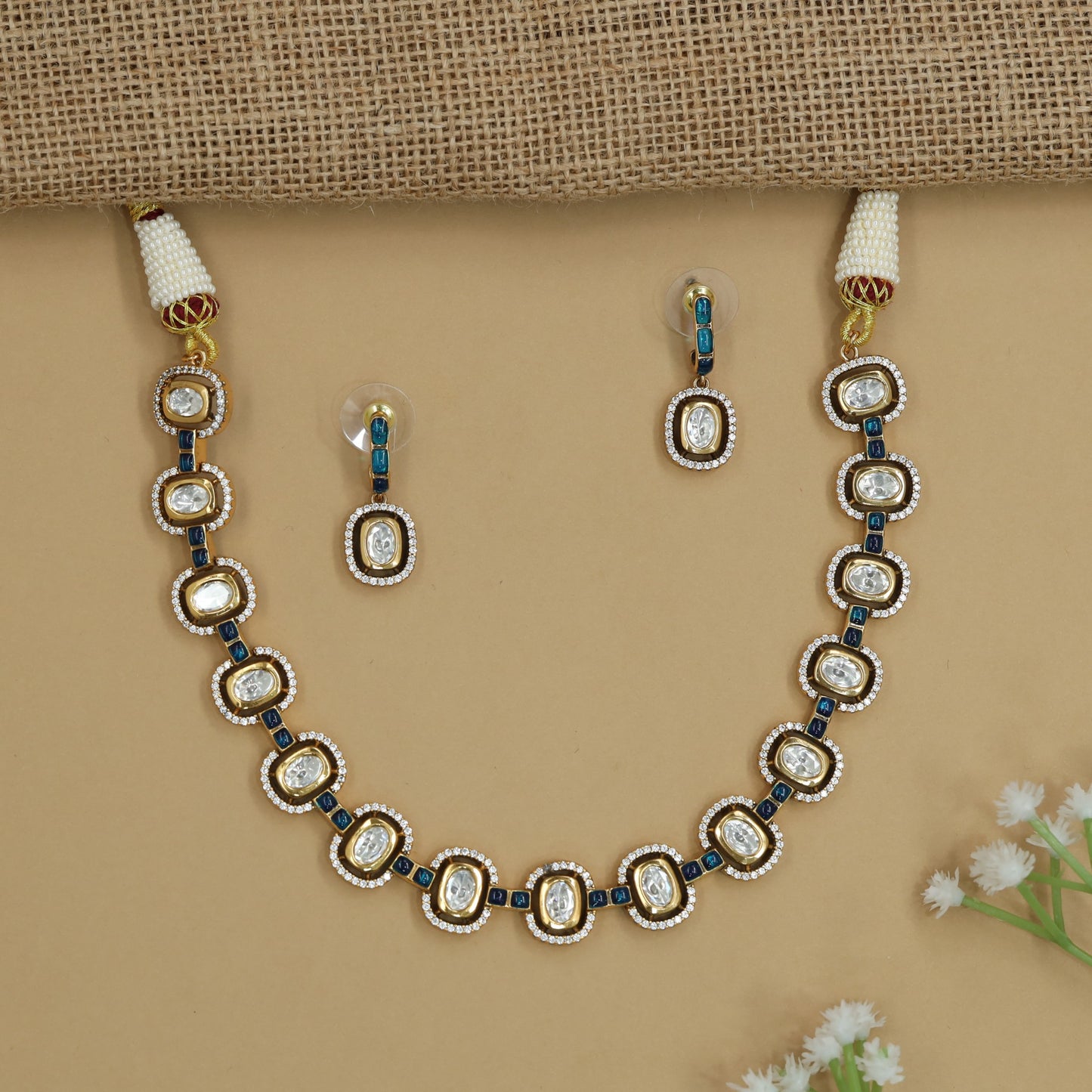 Grand Border Kundan Necklace with Oval Connector Placement and Coordinated Earrings
