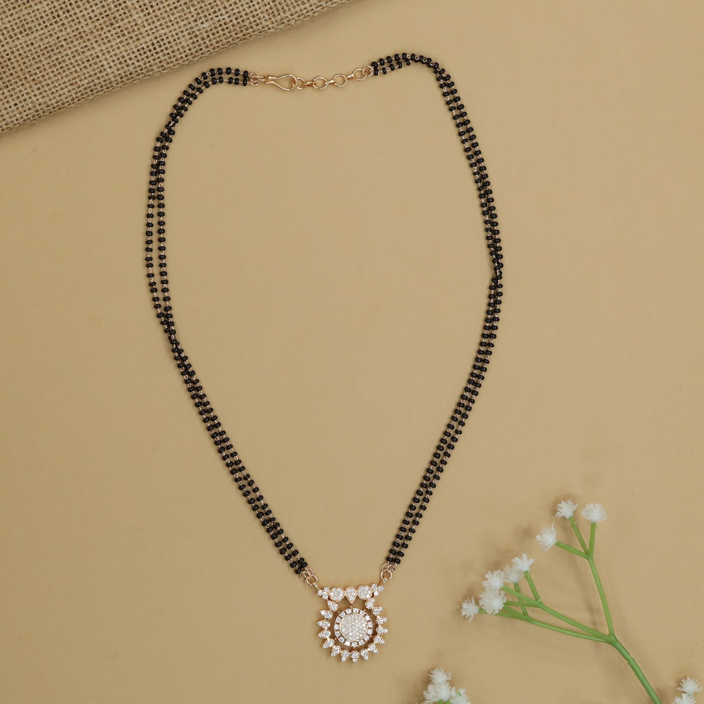 Sunburst Gold Polish Mangalsutra with Round Floral Pendant