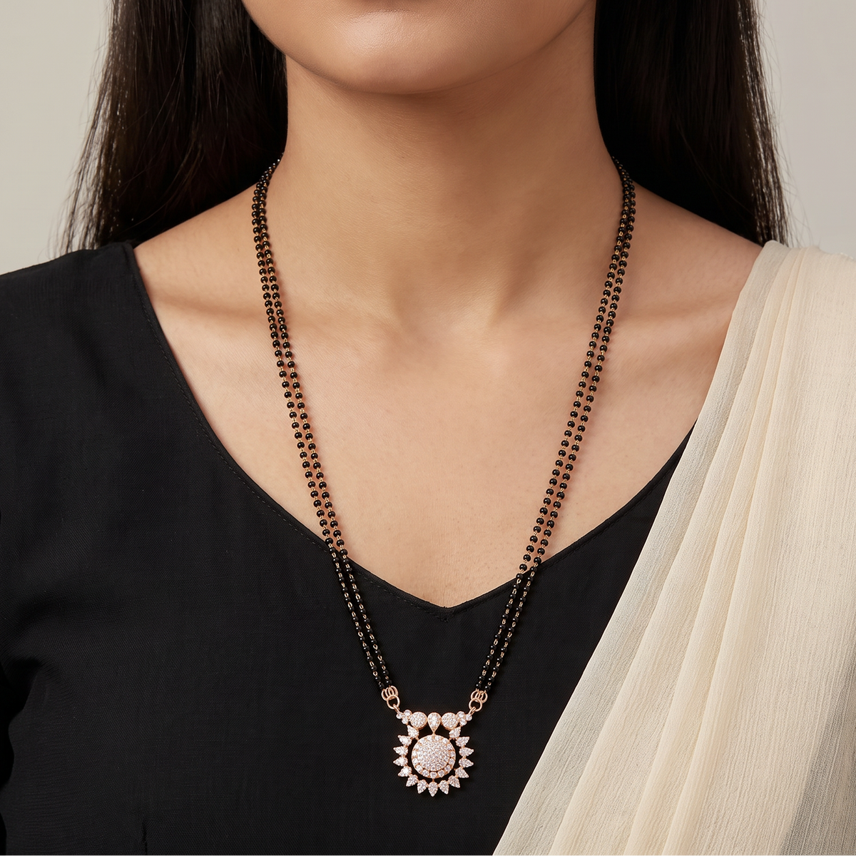 Sunburst Gold Polish Mangalsutra with Round Floral Pendant