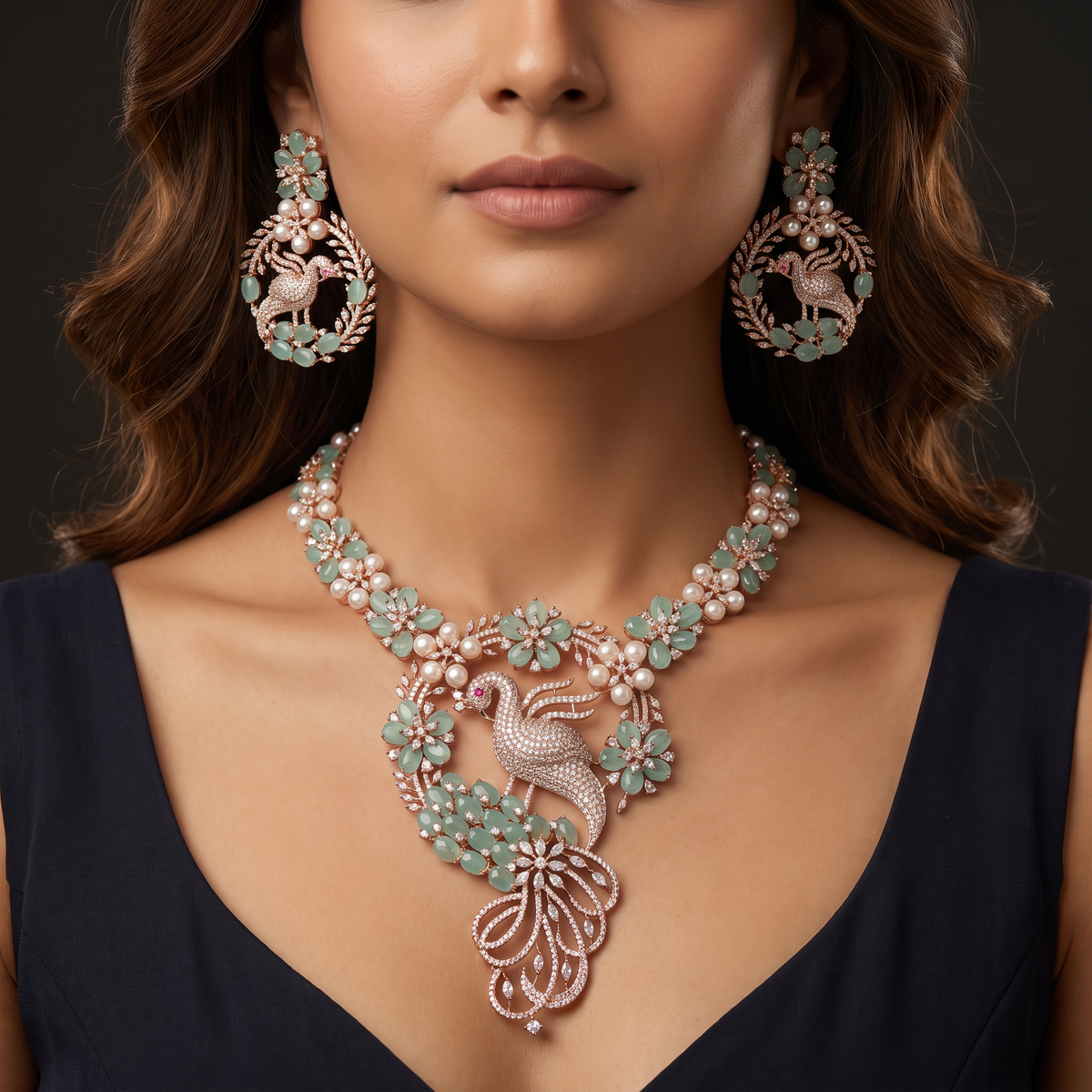 Classic Swan Pattern Necklace with Floral Crytalstal Connectors and Pendant
