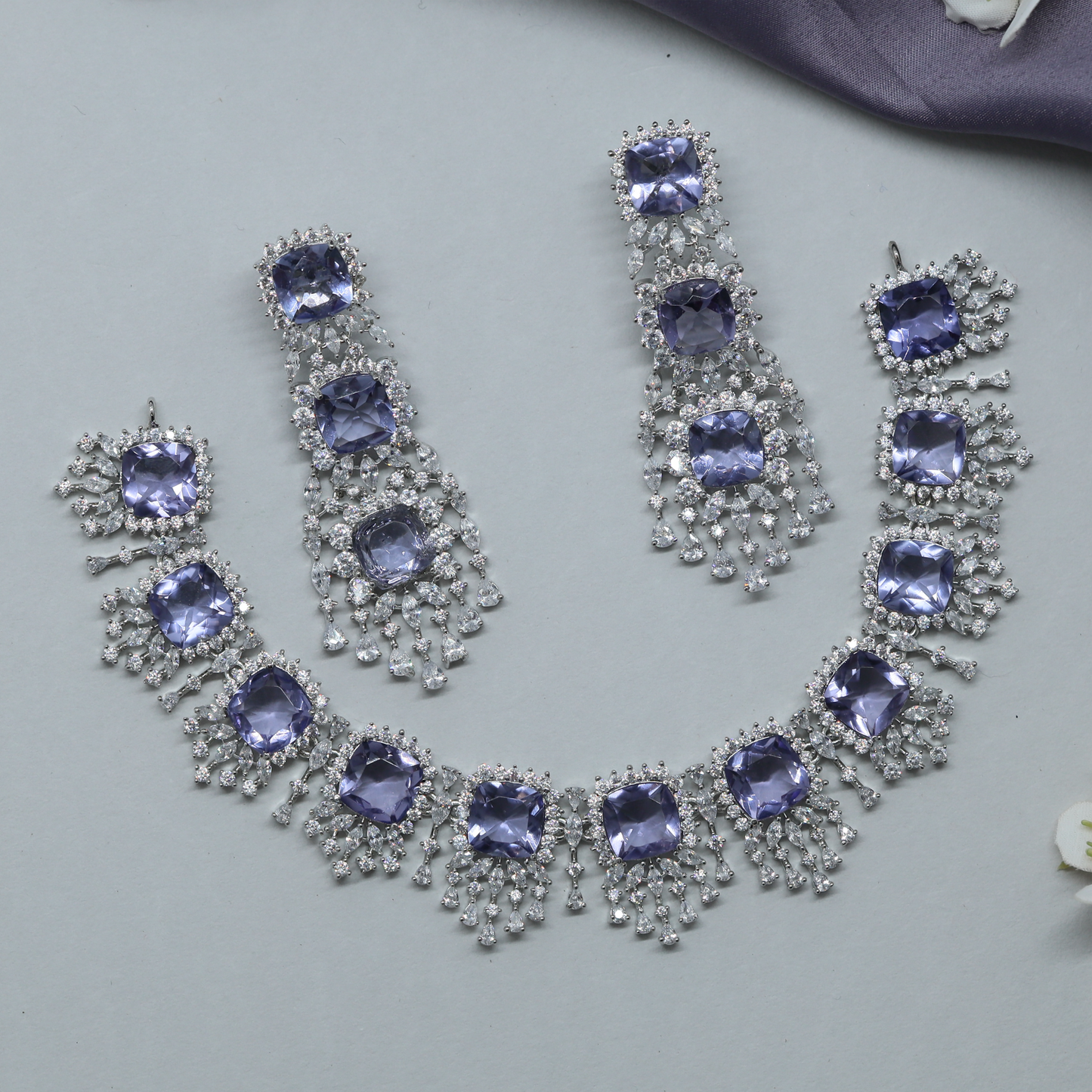 Radiant Square Cut Necklace with Fringe Drop Detailing and Statement Long Earrings