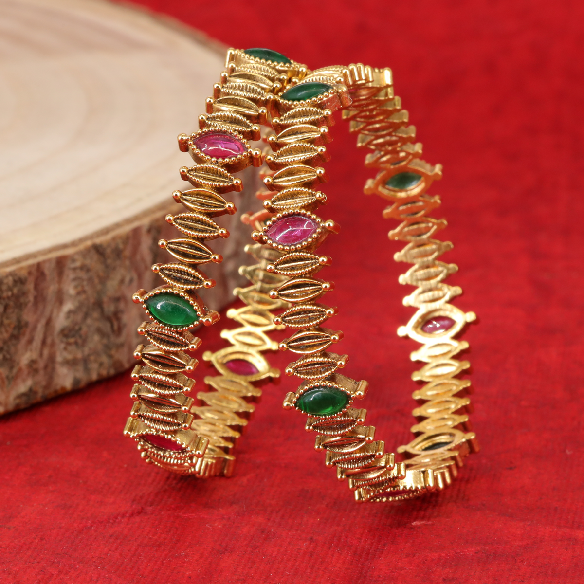 Kalpavalli Marquise Gem Bangles with Ribbed Leaf Links