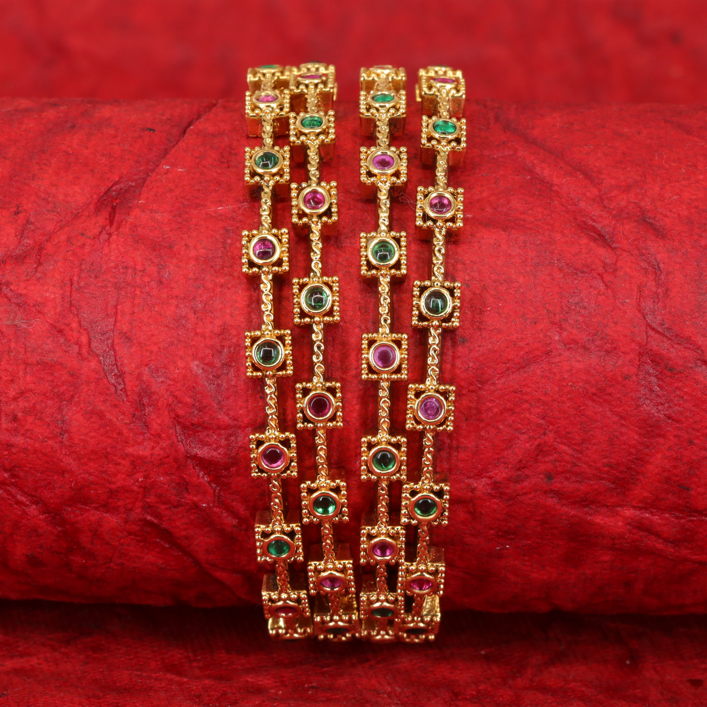 Navapatha Square Gem Link Bangles with Beaded Frames and Connector Bars
