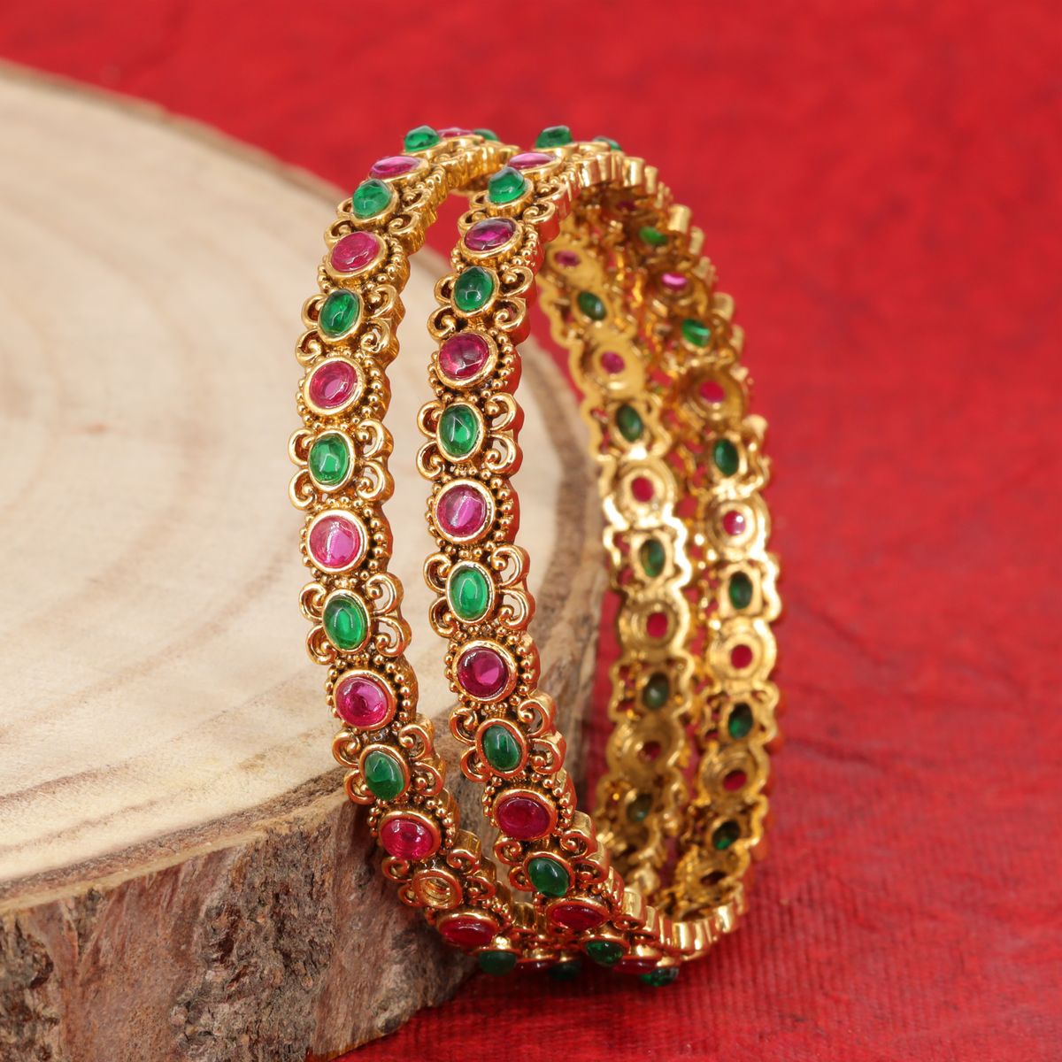 Vallari Scrollwork Gem Bangles with Alternating Oval Stone Settings