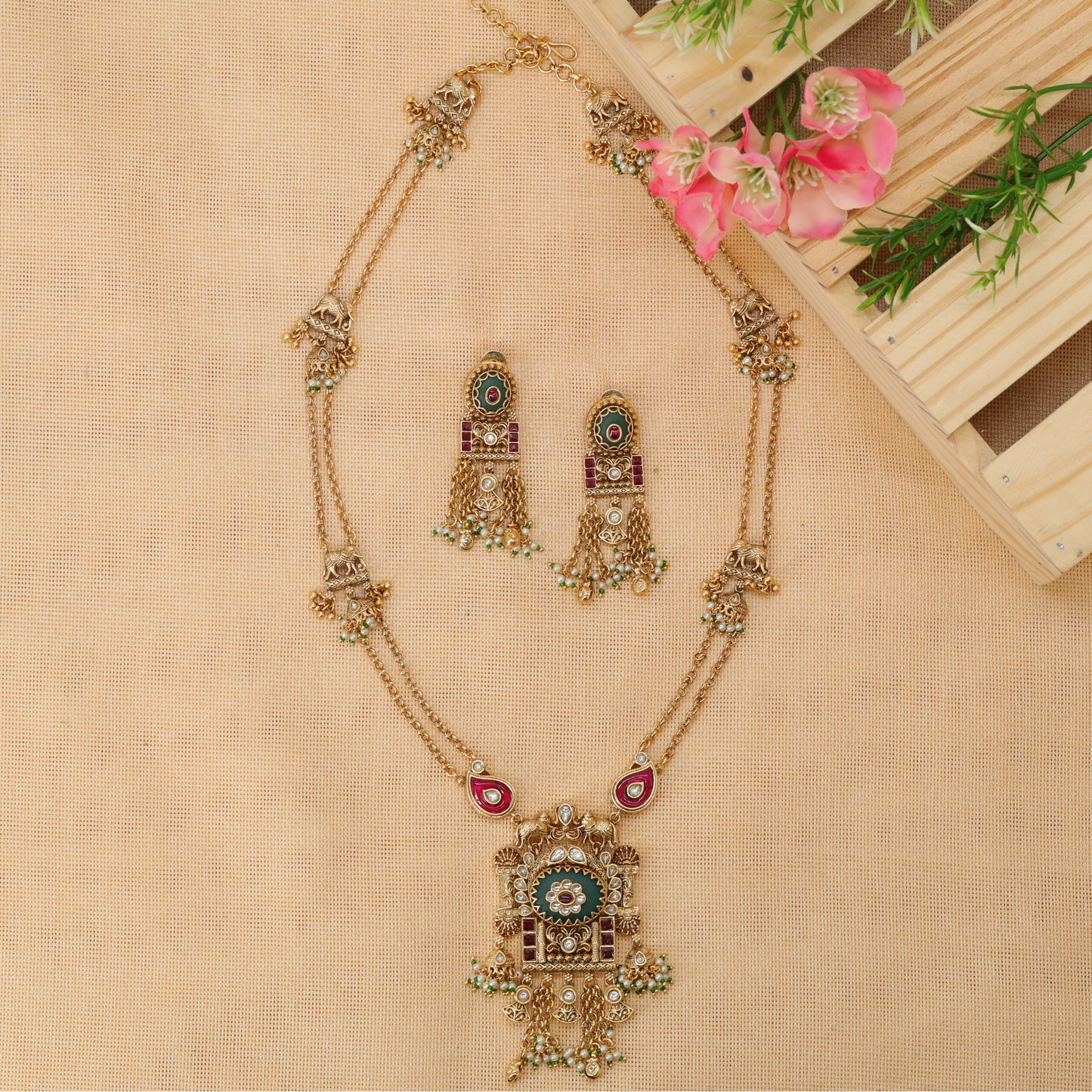 Intricate Motif Long Haara with Dual Chain Detailing and Ornate Pendant Drops