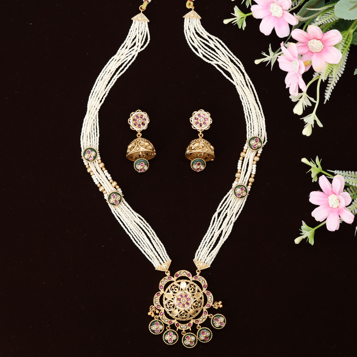 Refined Multi Layer Long Haara with Detailed Pendant and Circular Drop Elements