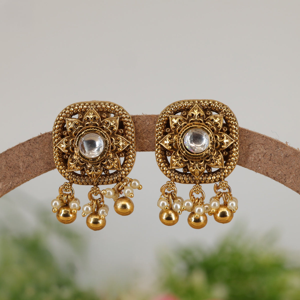 Intricate Floral Antique Stud with Pearl Drops