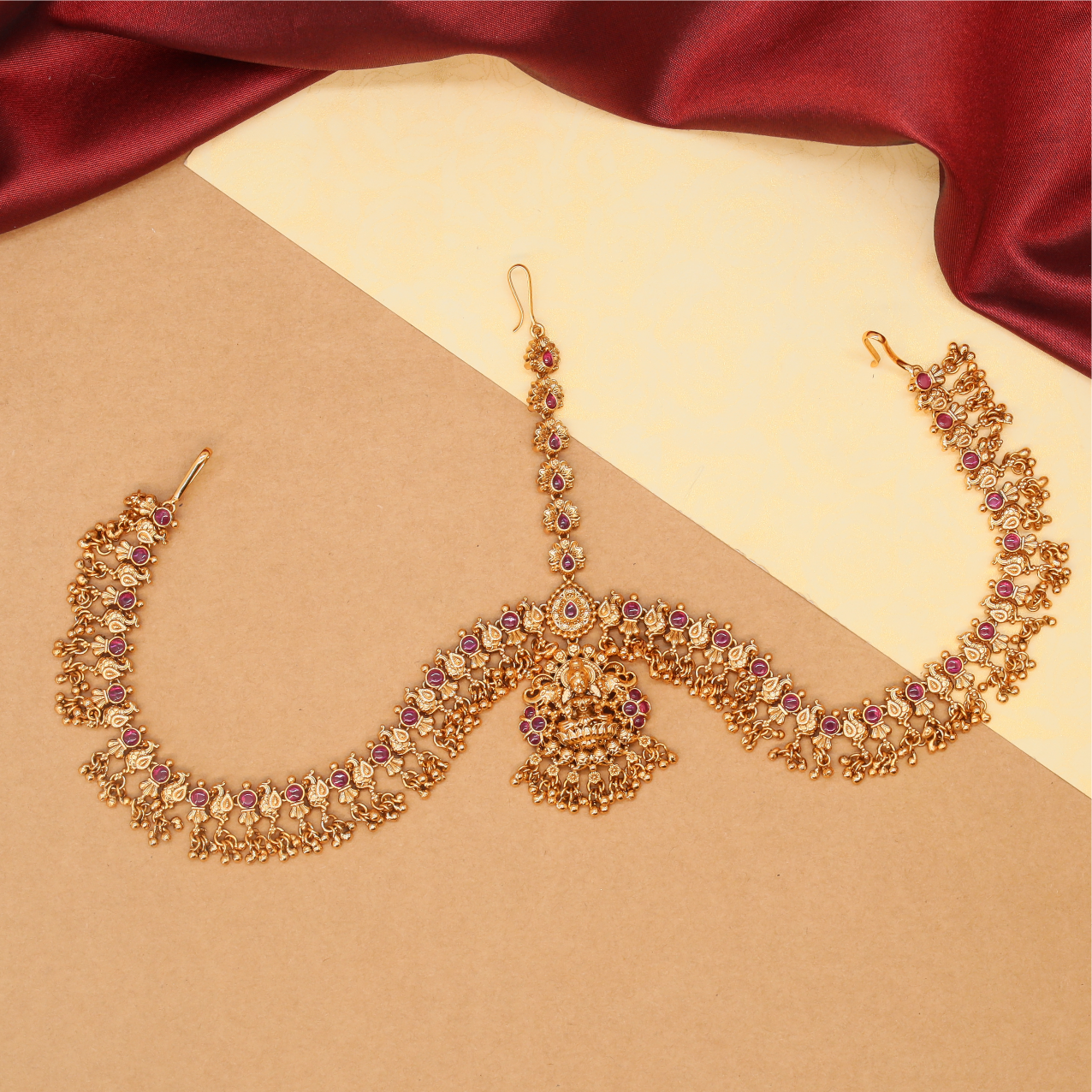 Lakshmi Idol Medallion Headset with Cascading Temple Motif Chains