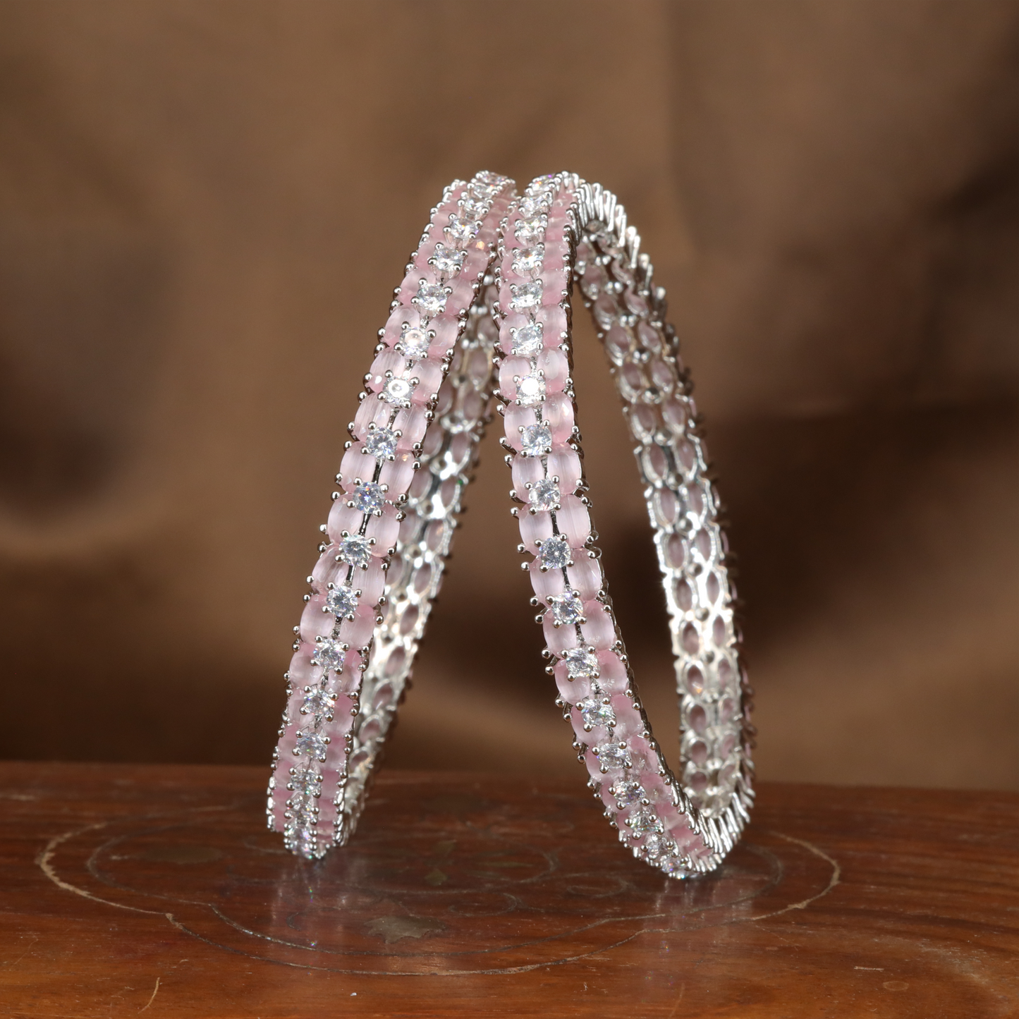 Regal Dual Line Rhodium Bangles with Emerald Panels and Crystal Accents