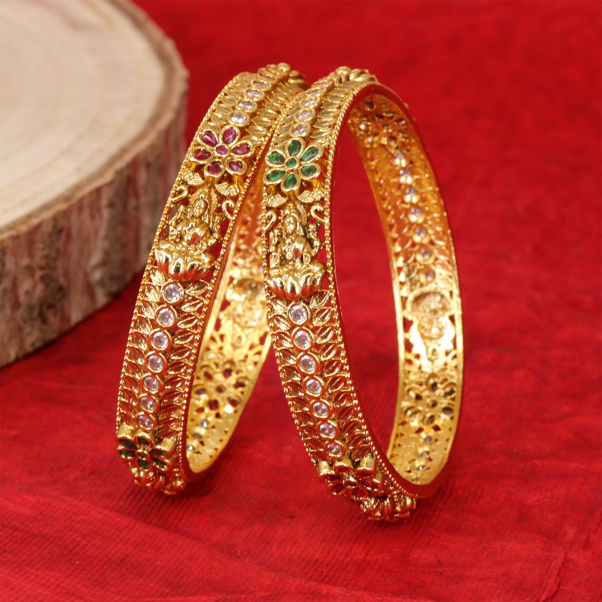 Mahalakshmi Bridal Temple Bangles with Floral Stone Settings