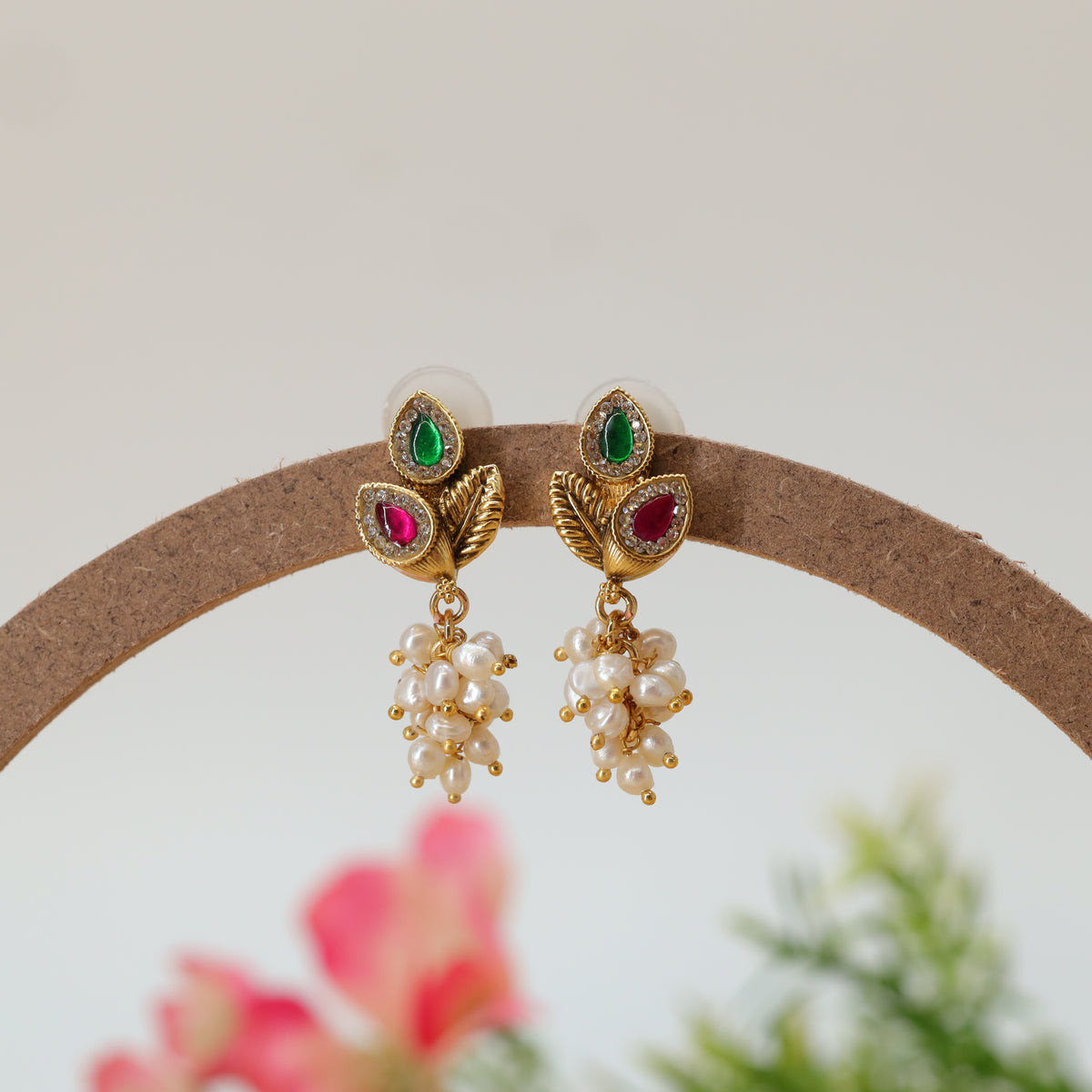 Mandara Leaf Crest Stud Earrings with Twin Teardrop Gem Settings and Pearl Cluster Drop