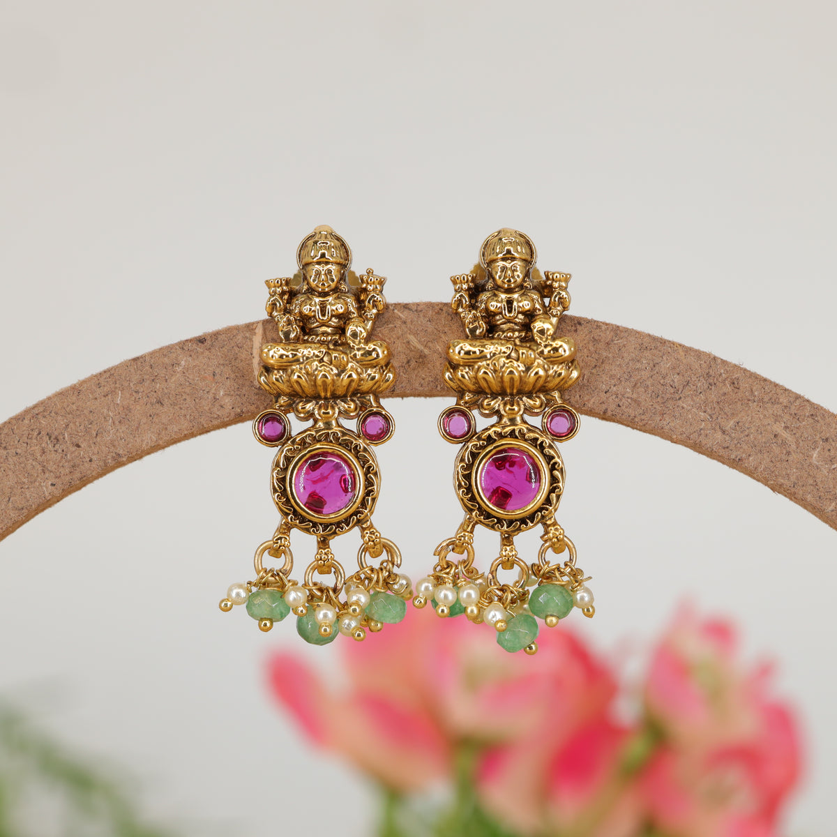 Padmapitha Lakshmi Relief Stud Earrings with Halo Stone Setting and Pearl Fringe