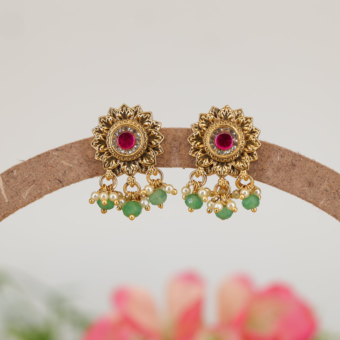 Sunburst Floral Stud Earrings with Crystal Centre and Pearl Drops