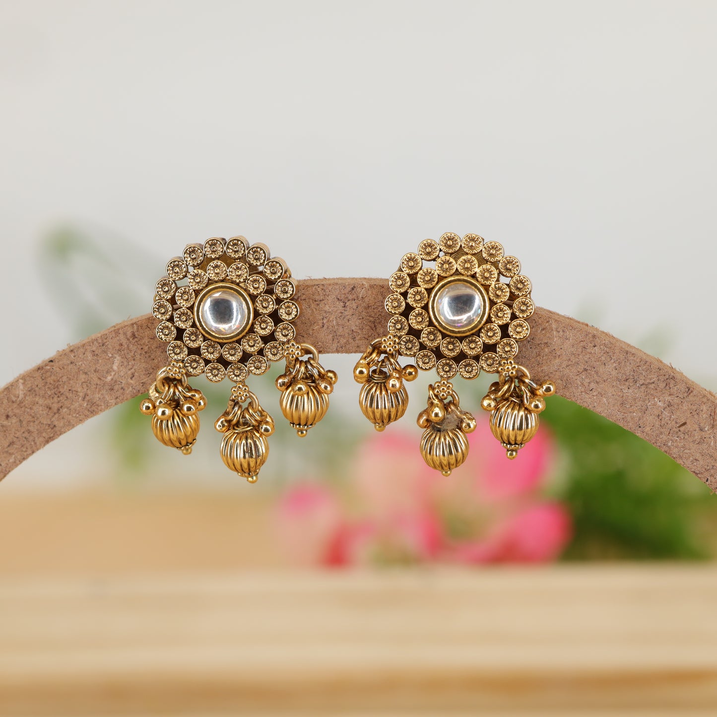 Circular Cluster Stud Earrings with Crytalstal Centre and Bead Drops