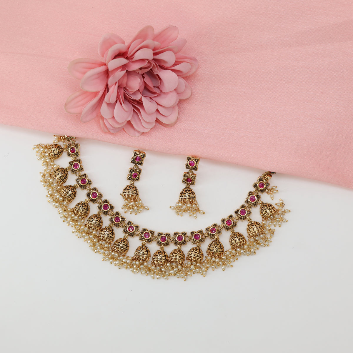 Traditional Jhumka Drop Necklace with Repeating Blossom Connectors