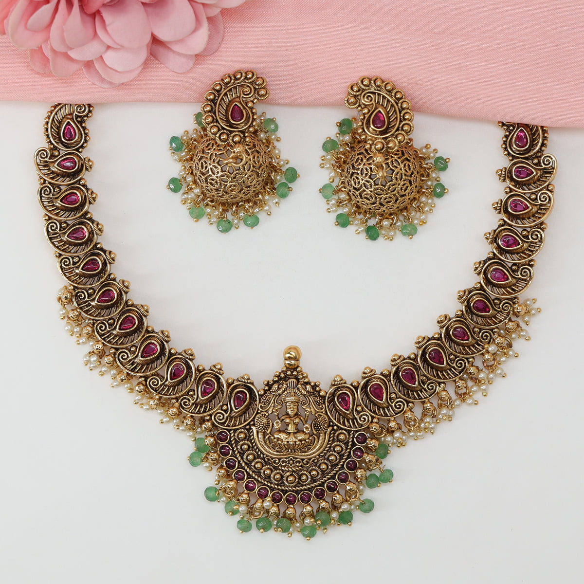 Heritage Lakshmi Medallion Necklace with Sculpted Paisley Links