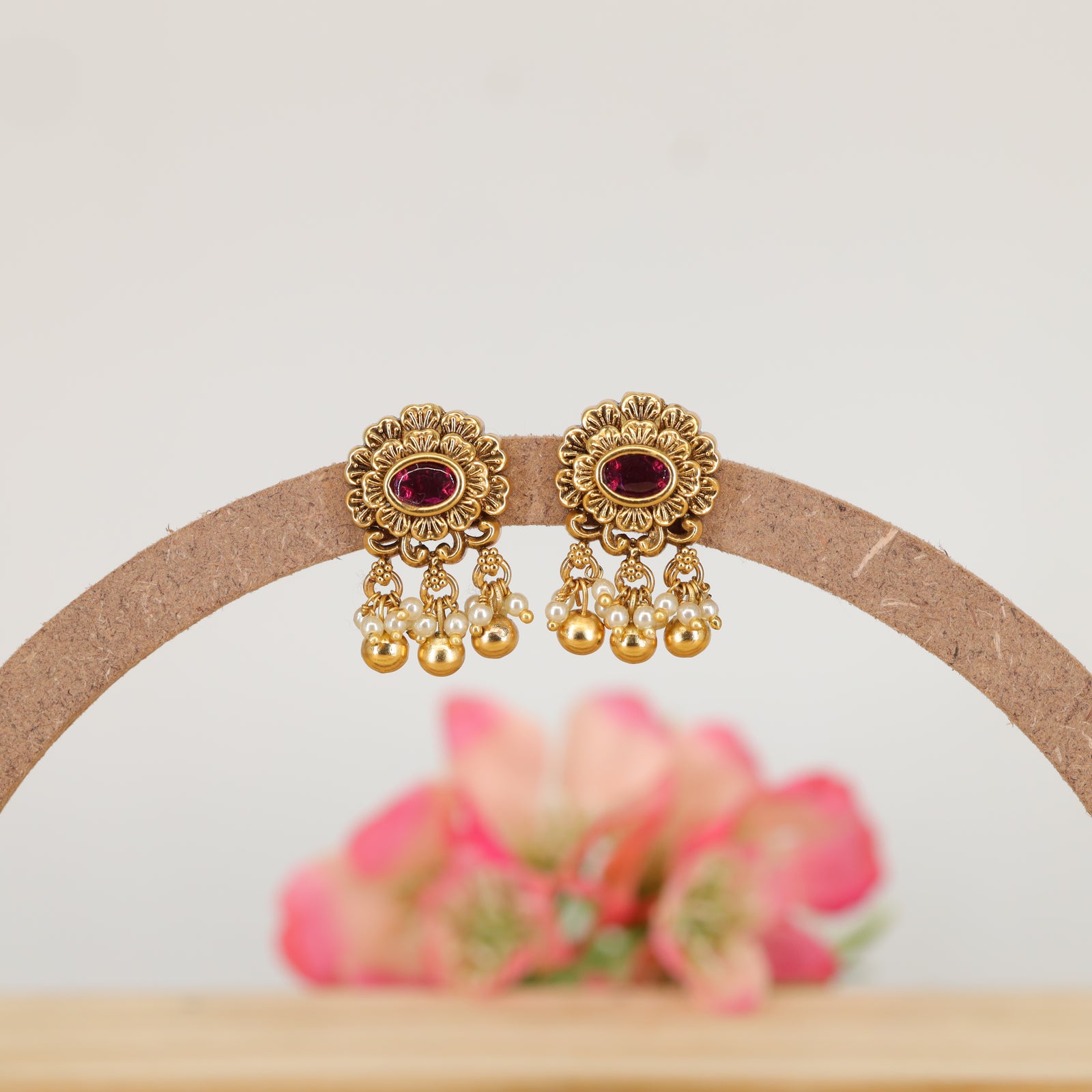 Decorative Round Stud Earrings with Crystal Centre and Bead Tassels